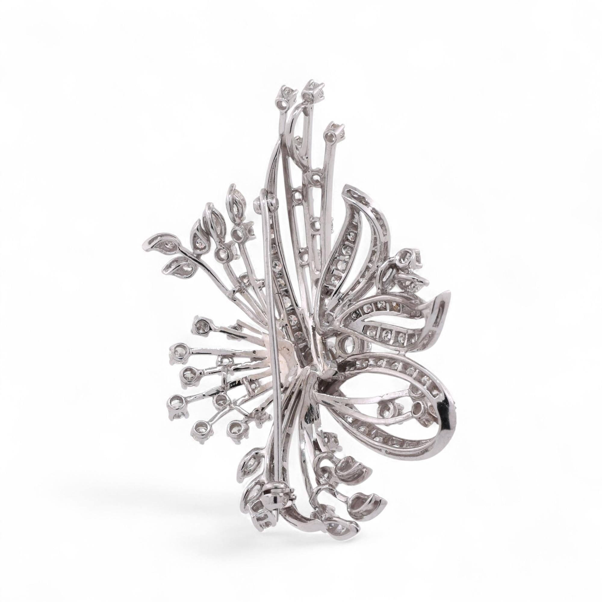 Floral Diamond Brooch Pin Pendant 14K White Gold 3.50 TW Starburst 2.15"