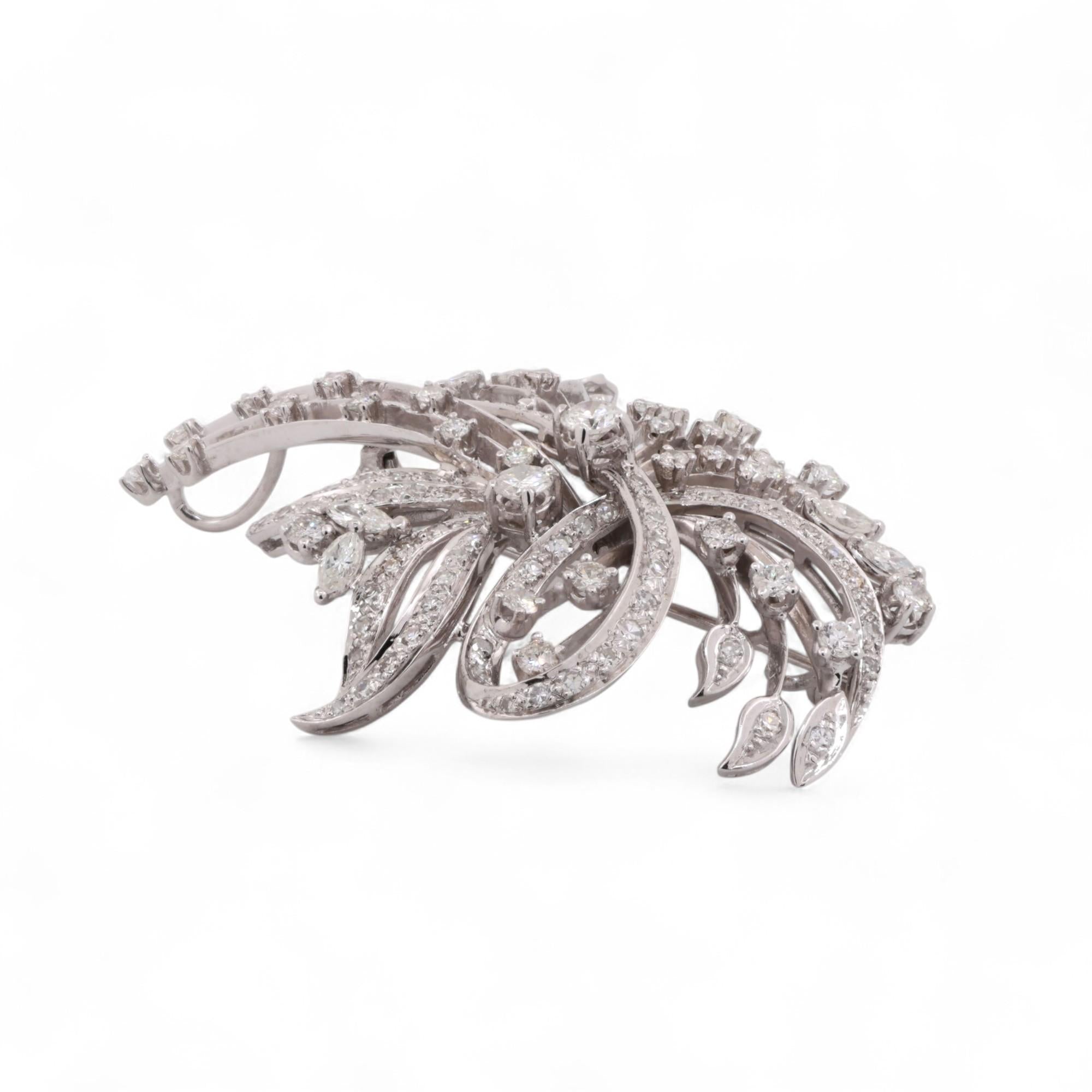Floral Diamond Brooch Pin Pendant 14K White Gold 3.50 TW Starburst 2.15"