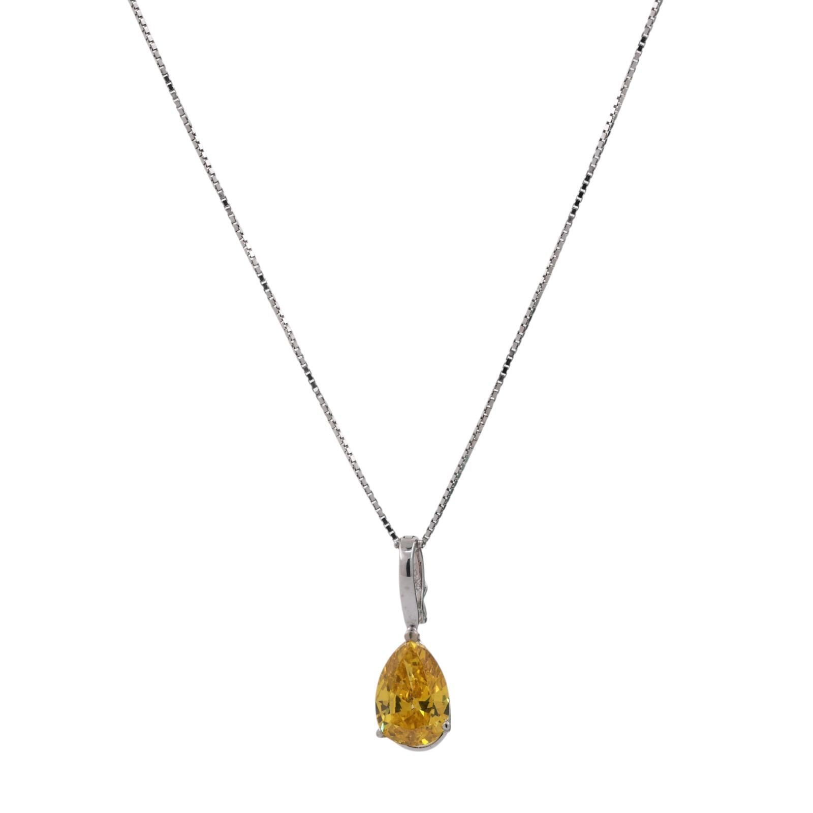 3.80TW Solitaire Pear Yellow Diamond Pendant Chain Necklace 14K White Gold 16.5"