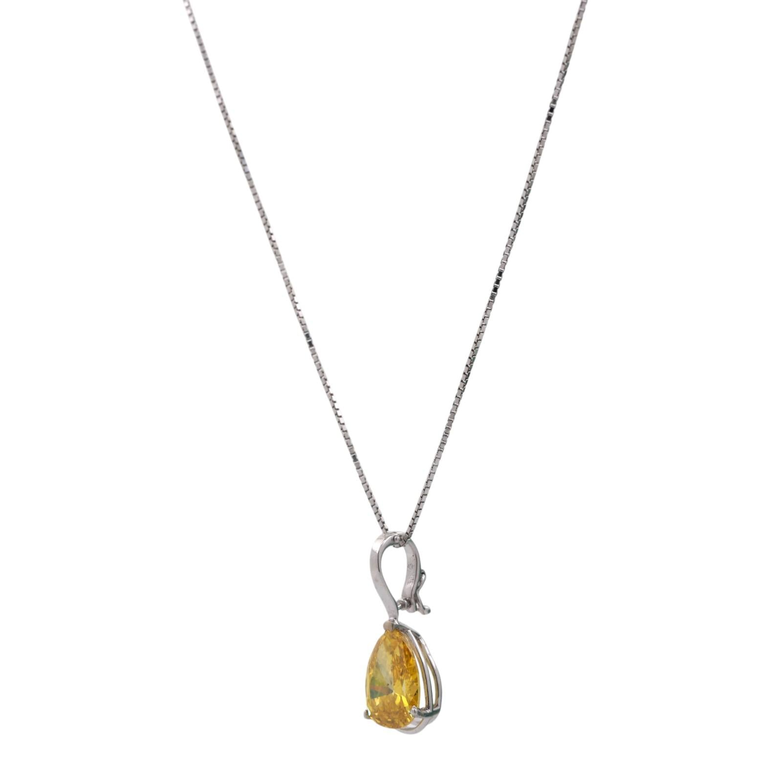 3.80TW Solitaire Pear Yellow Diamond Pendant Chain Necklace 14K White Gold 16.5"