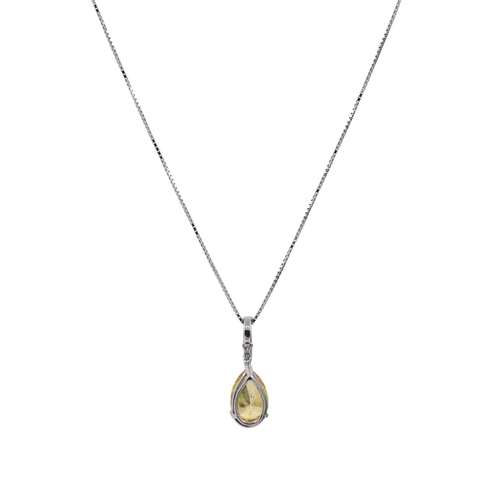 3.80TW Solitaire Pear Yellow Diamond Pendant Chain Necklace 14K White Gold 16.5"