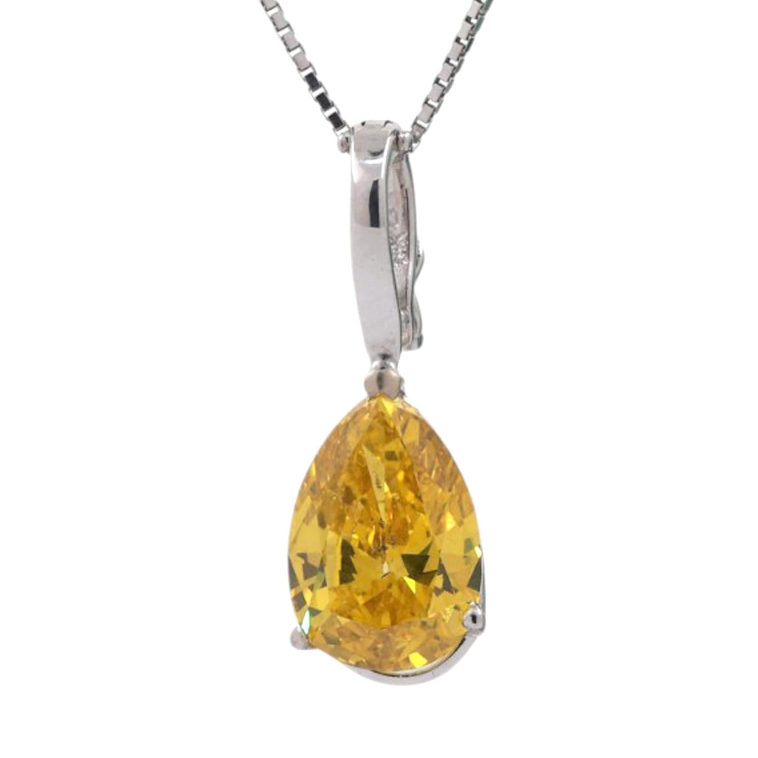 3.80TW Solitaire Pear Yellow Diamond Pendant Chain Necklace 14K White Gold 16.5"