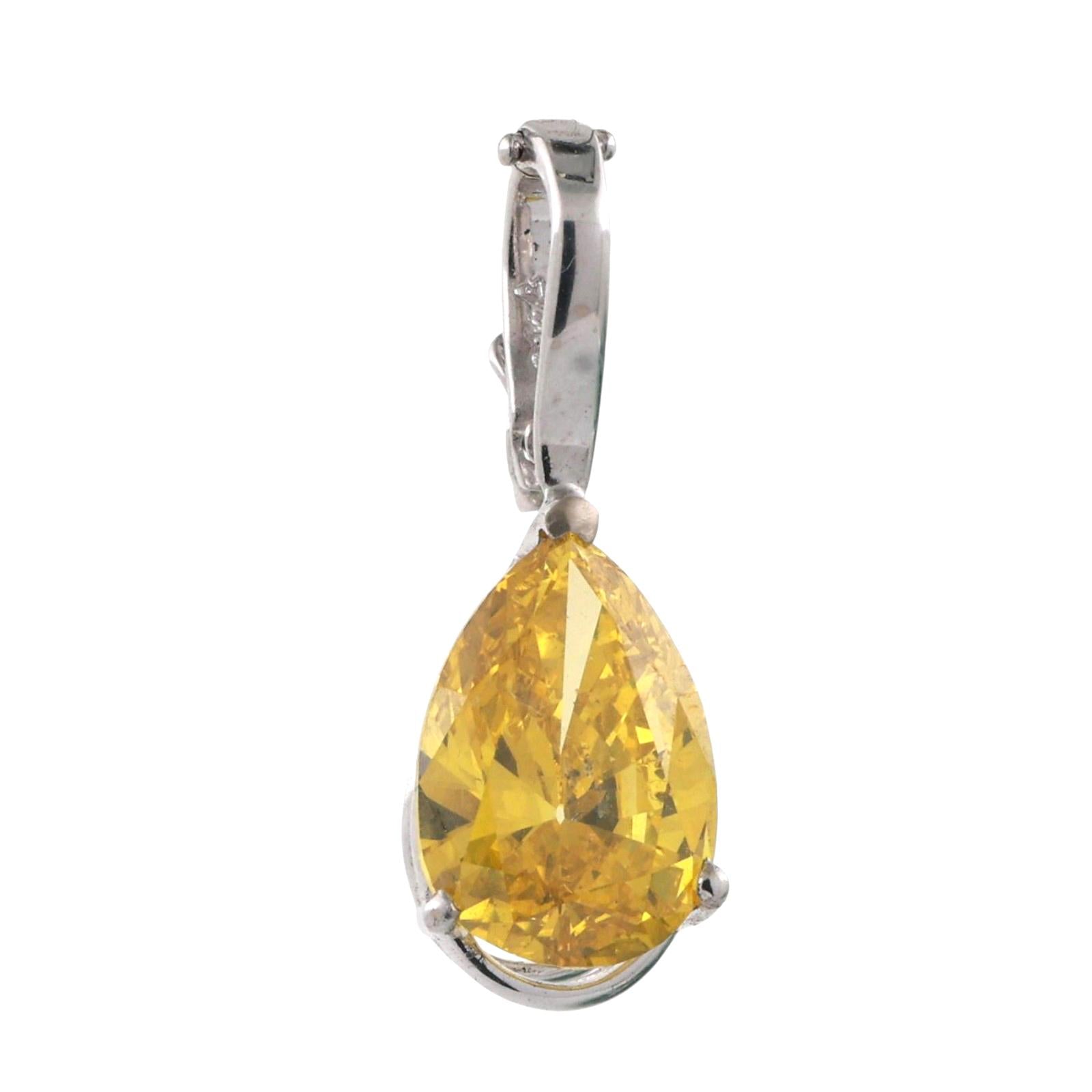 3.80TW Solitaire Pear Yellow Diamond Pendant Chain Necklace 14K White Gold 16.5"