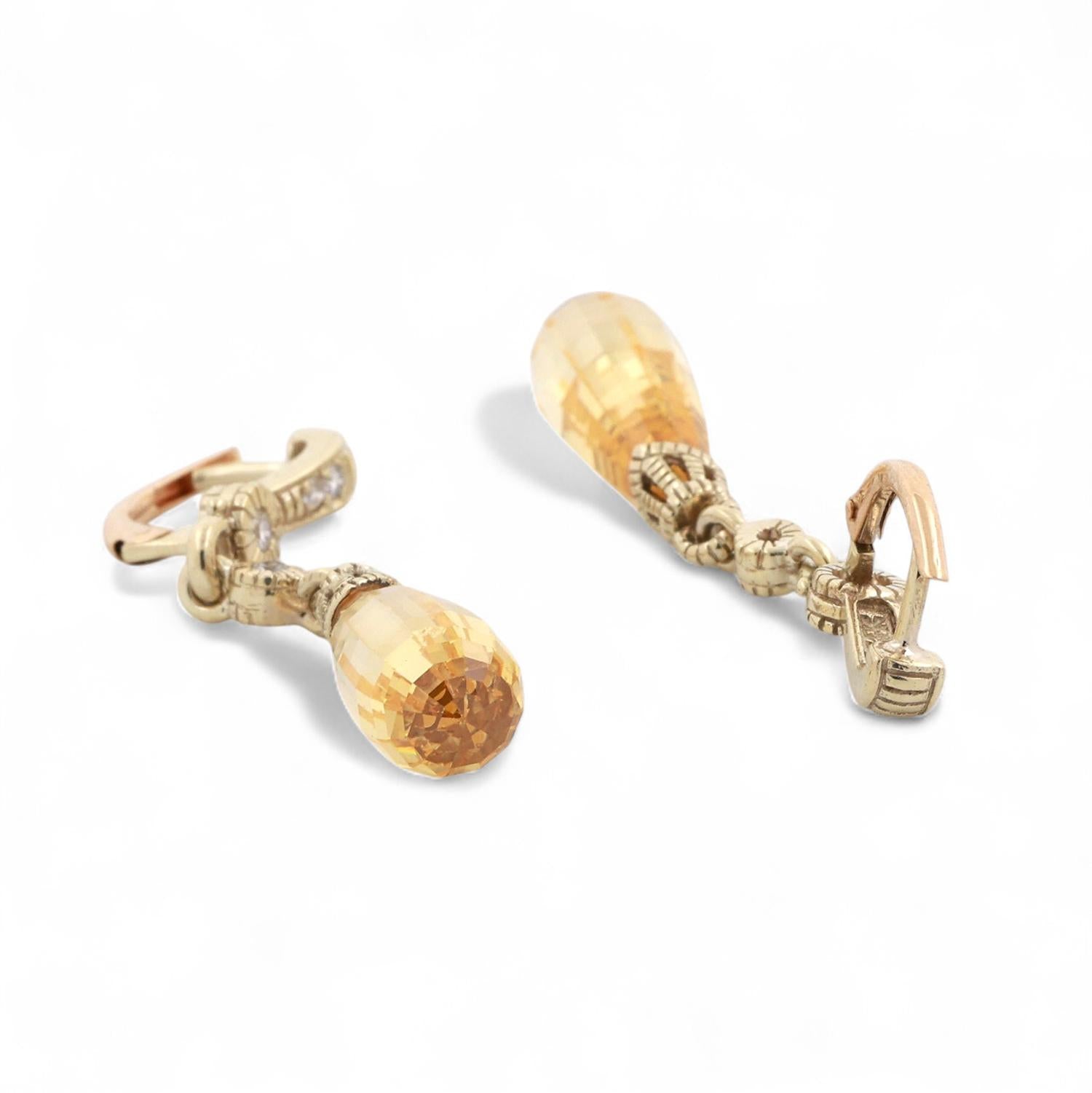 Briolette Cut Yellow Sapphire Diamond Dangle Earrings 14K Gold Lab Created 1.50"