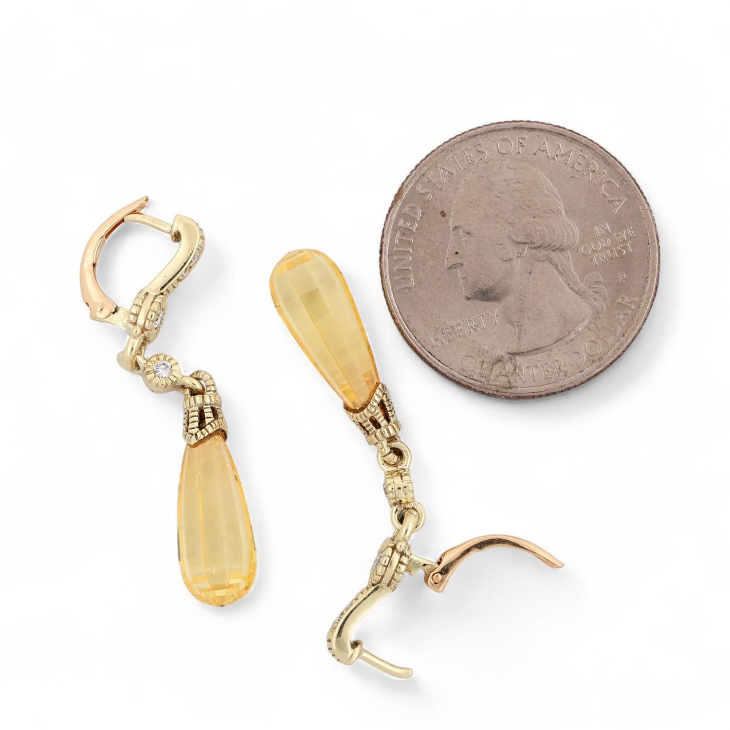 Briolette Cut Yellow Sapphire Diamond Dangle Earrings 14K Gold Lab Created 1.50"