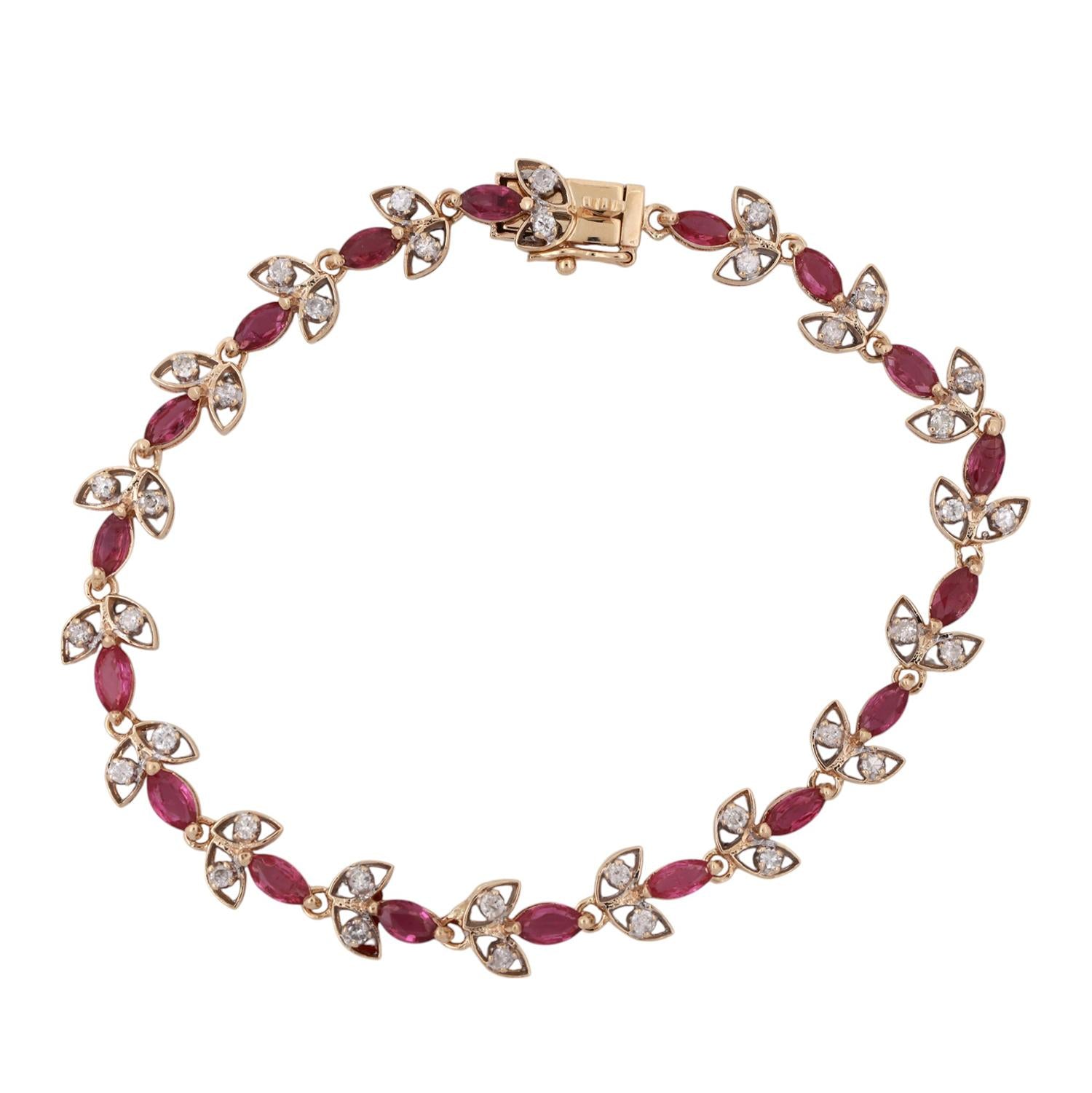 2.80 CTW Floral Ruby Diamond Bracelet 14K Gold 7.5" Ladies Estate