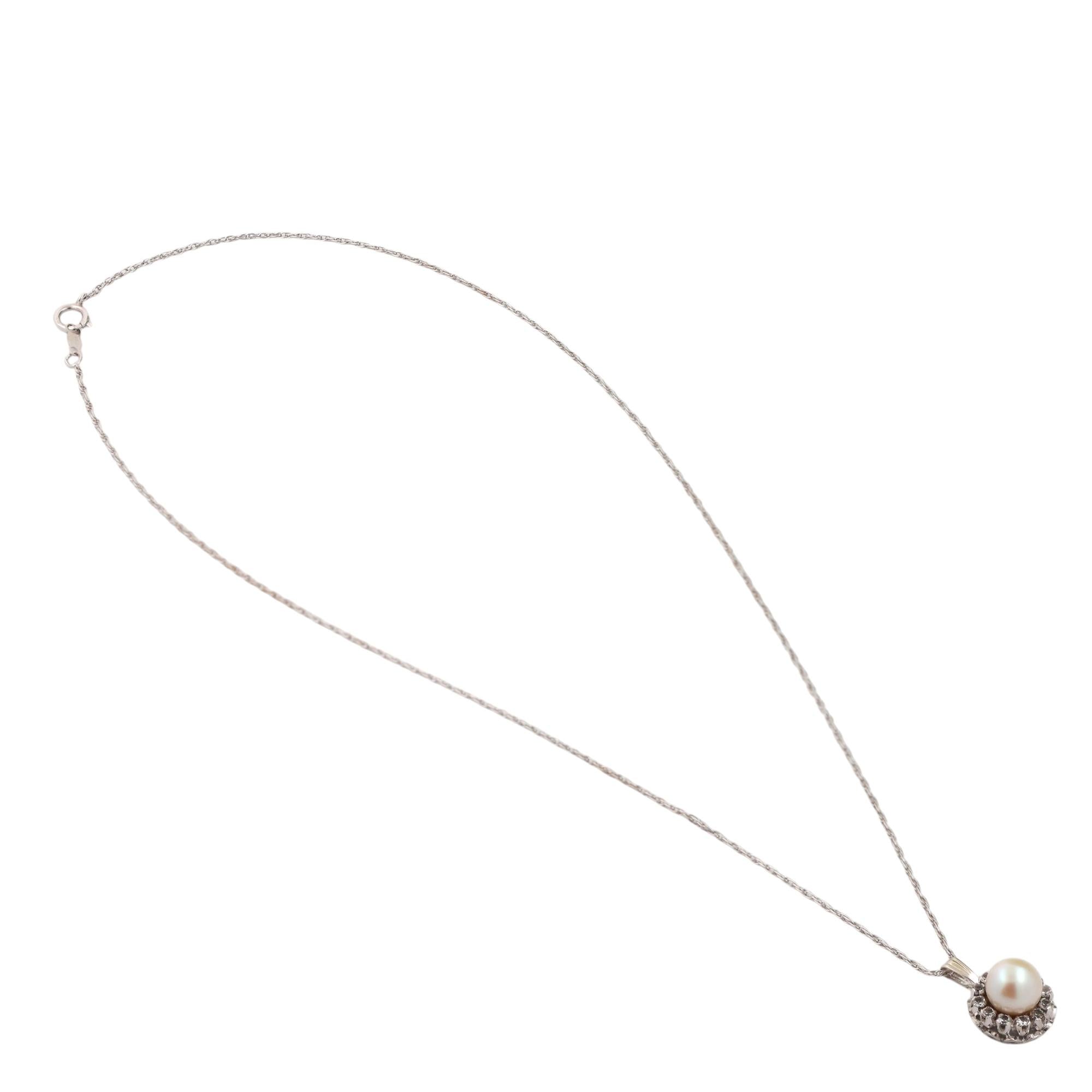 Akoya Pearl Quartz Halo Pendant Chain Necklace 14K/18K White Gold 16.75"