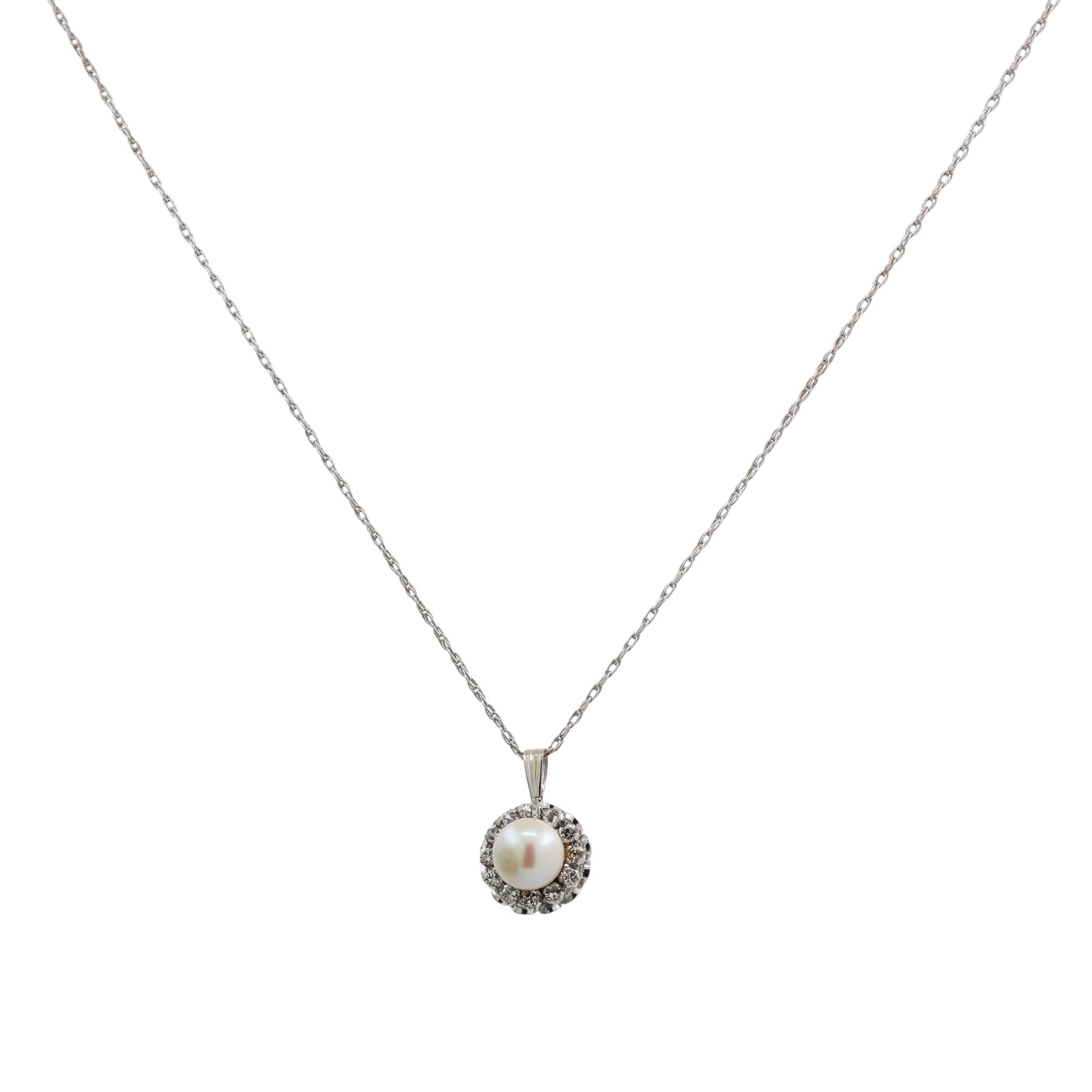 Akoya Pearl Quartz Halo Pendant Chain Necklace 14K/18K White Gold 16.75"