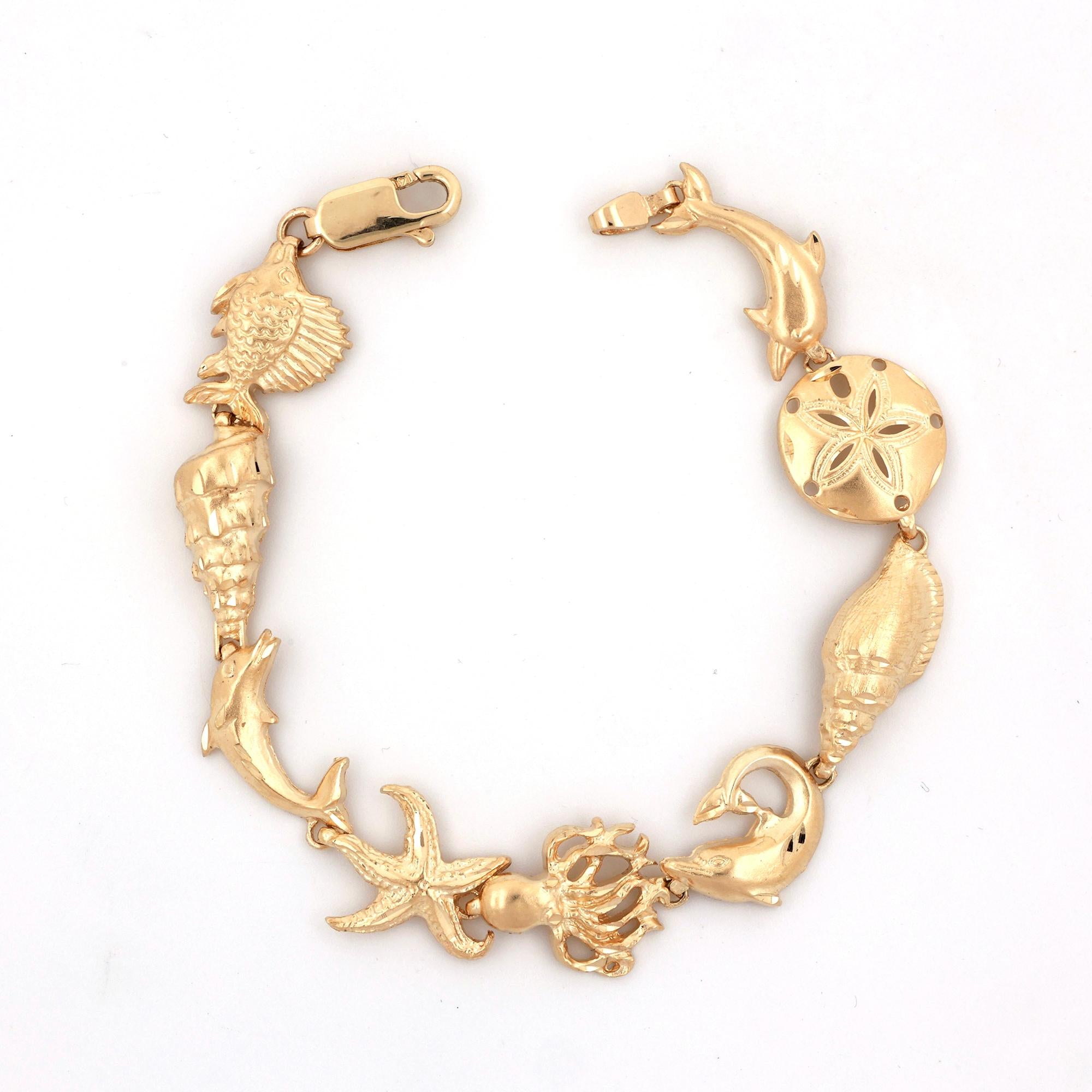 Sea Life Charm Link Bracelet 14K Yellow Gold Nautical 7" Ladies Estate