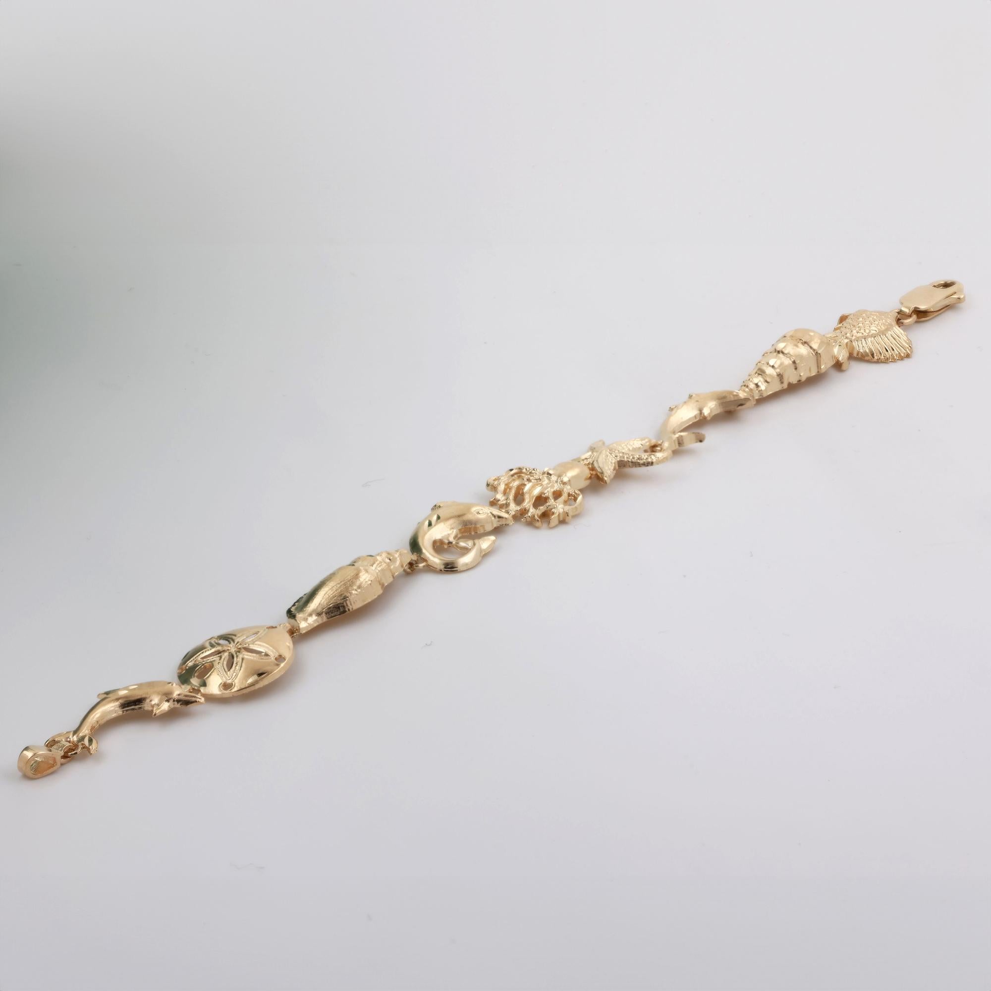 Sea Life Charm Link Bracelet 14K Yellow Gold Nautical 7" Ladies Estate