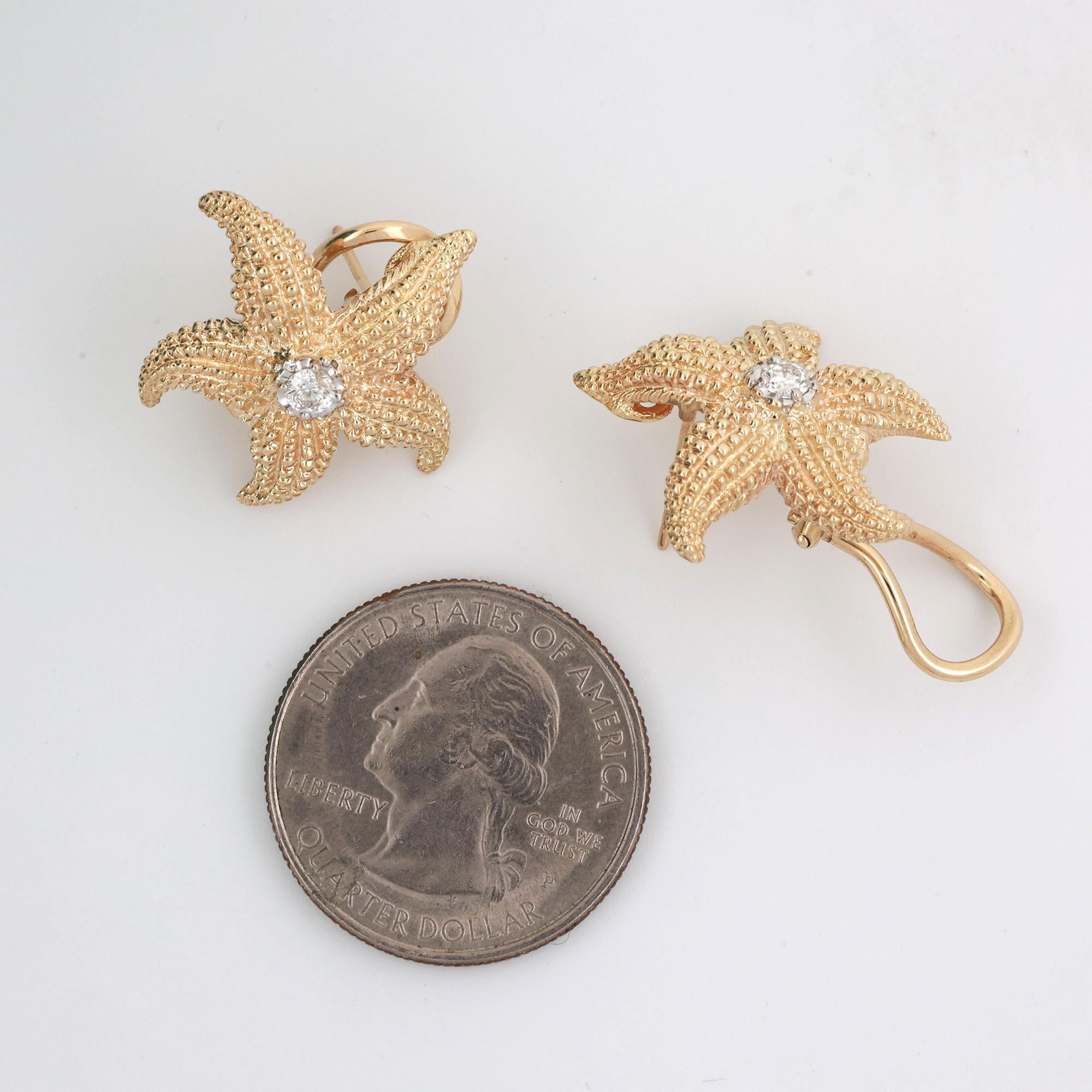 Vintage Diamond Starfish Stud Earrings 14K Yellow Gold 0.25 TW 0.60" Estate