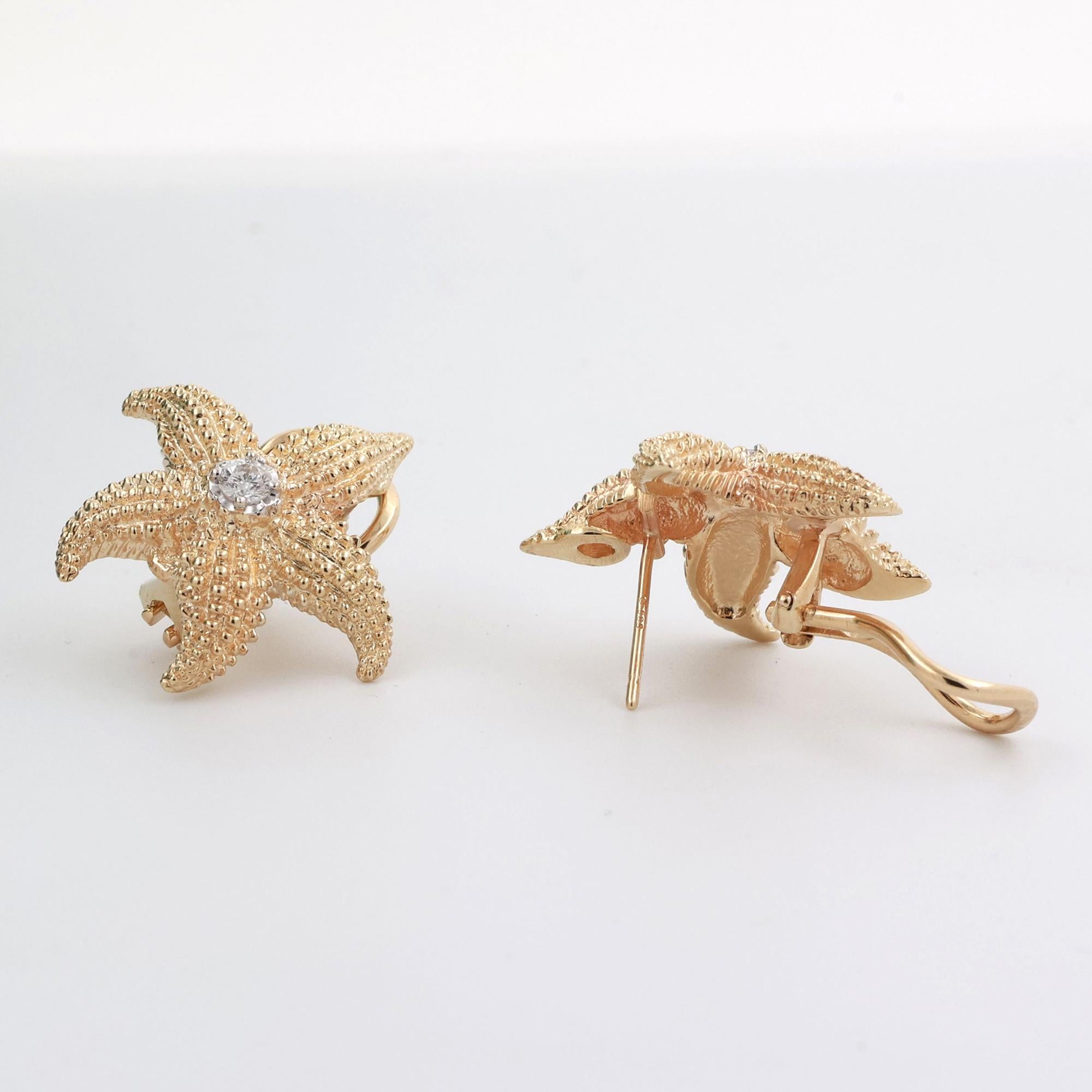 Vintage Diamond Starfish Stud Earrings 14K Yellow Gold 0.25 TW 0.60" Estate