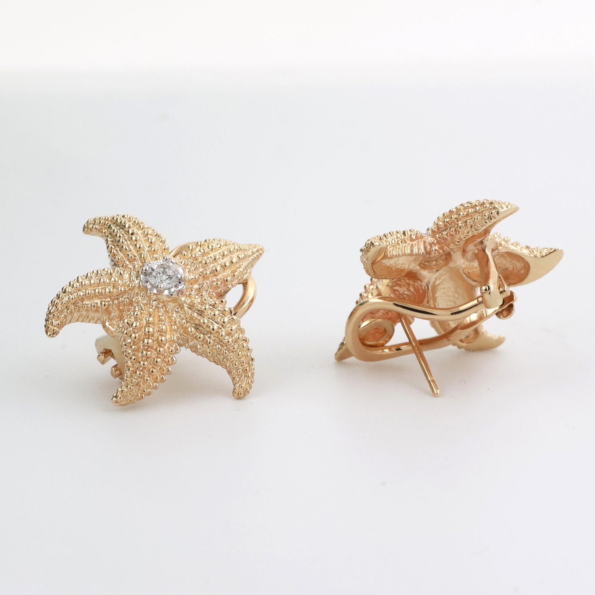 Vintage Diamond Starfish Stud Earrings 14K Yellow Gold 0.25 TW 0.60" Estate