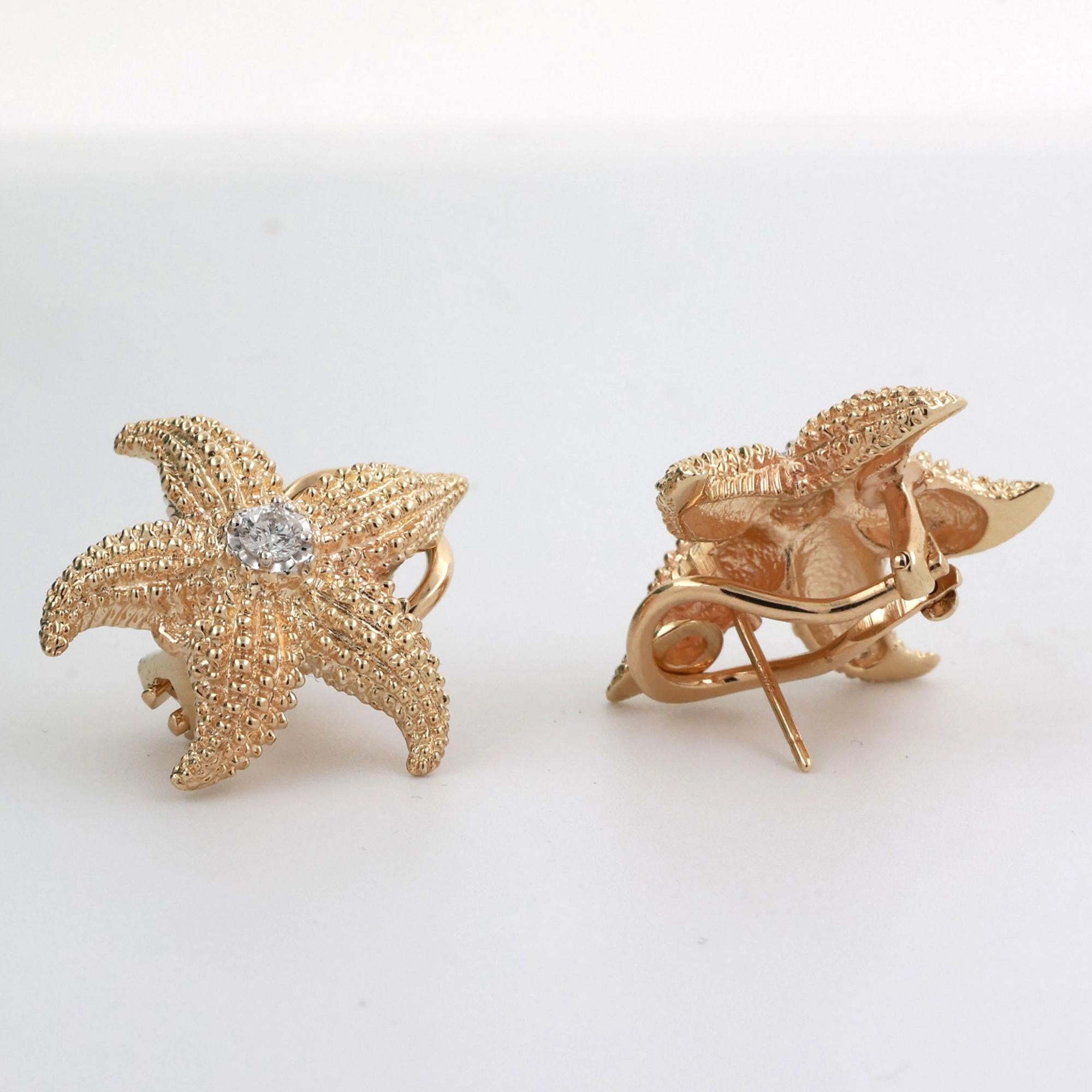 Vintage Diamond Starfish Stud Earrings 14K Yellow Gold 0.25 TW 0.60" Estate