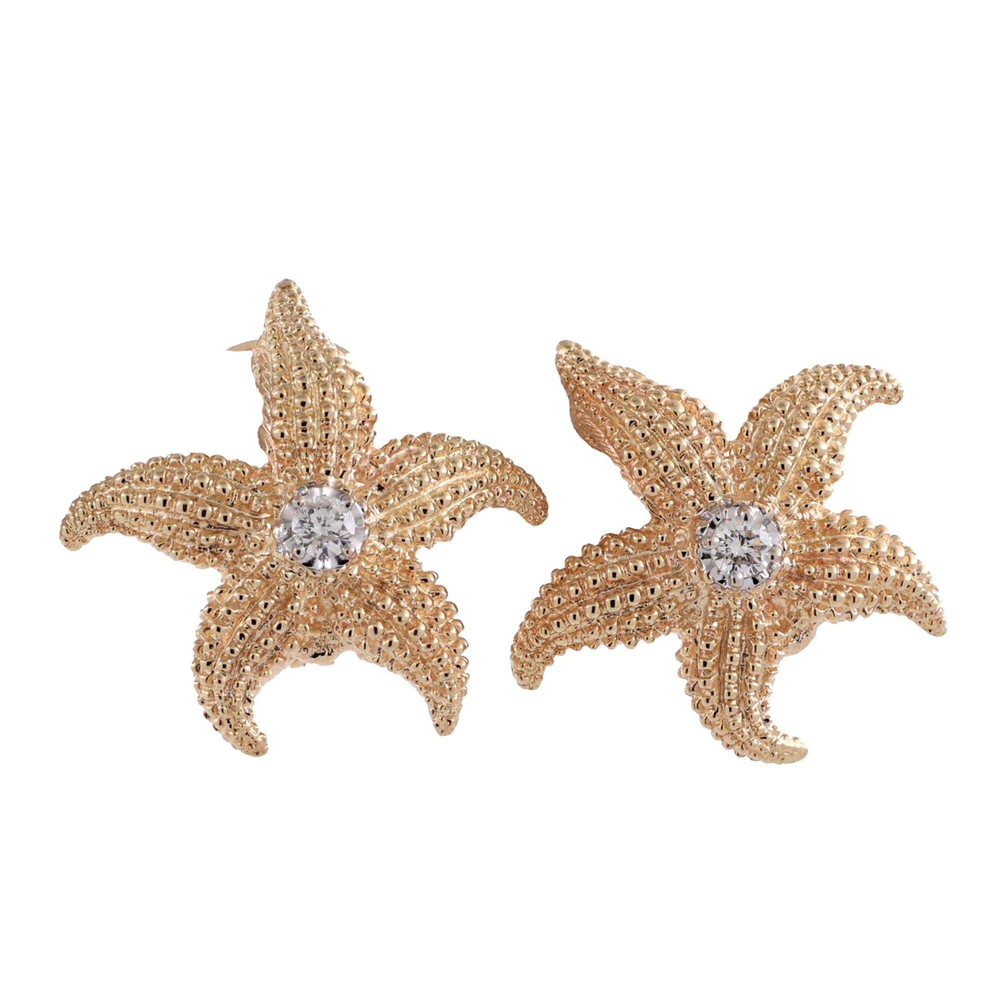 Vintage Diamond Starfish Stud Earrings 14K Yellow Gold 0.25 TW 0.60" Estate
