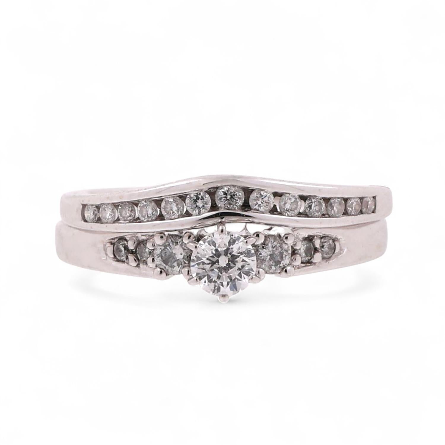 0.50 TW Solitaire Diamond Wedding Ring Set W/Accents 14K White Gold Size 5.25