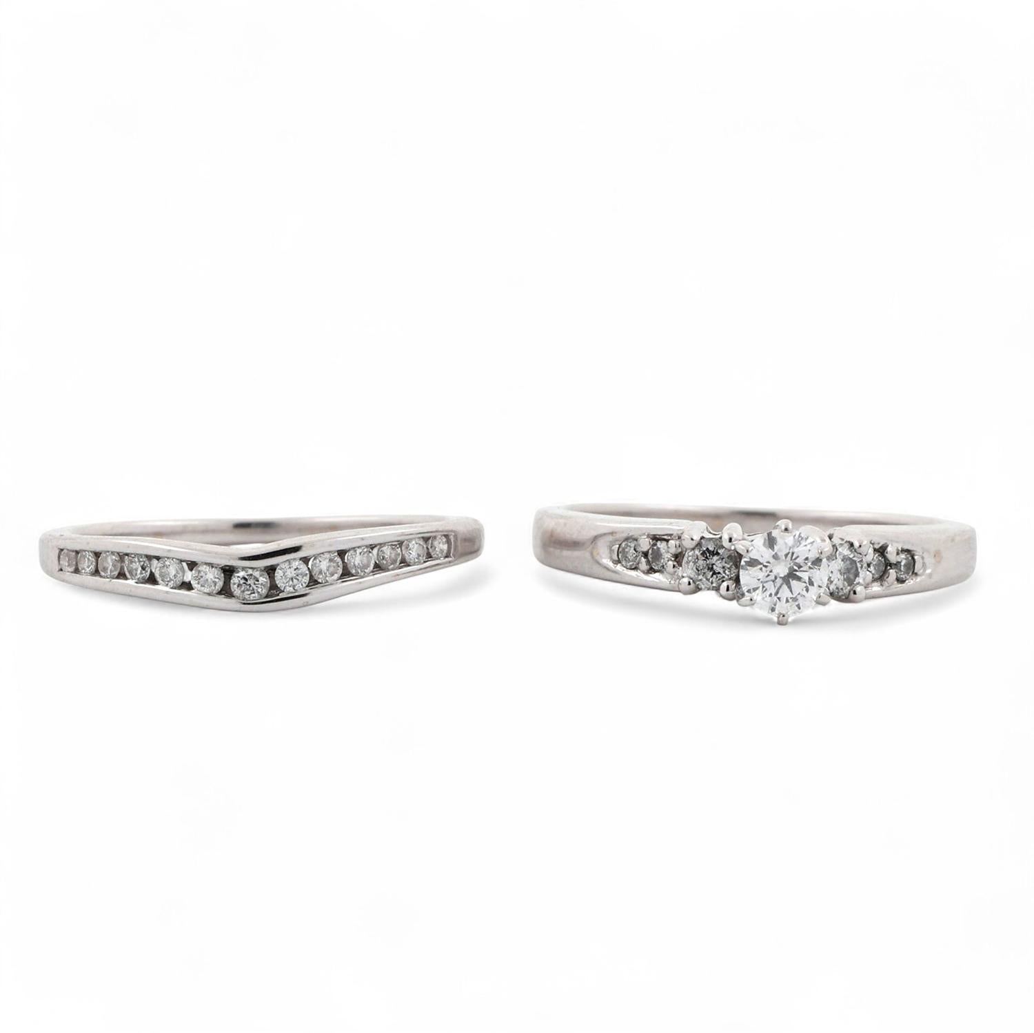 0.50 TW Solitaire Diamond Wedding Ring Set W/Accents 14K White Gold Size 5.25