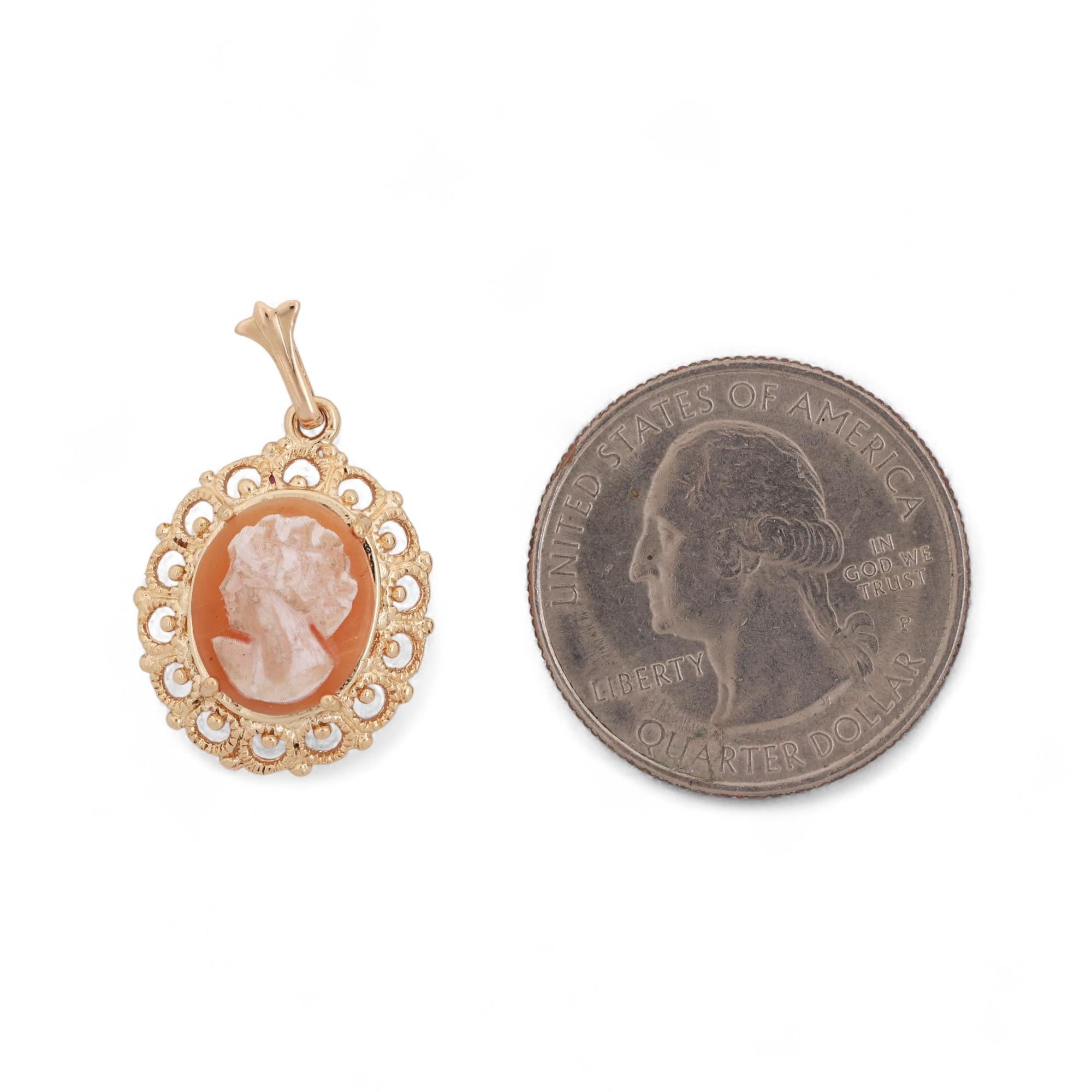 Cameo Pendant 14K Yellow Gold Filigree Frame Ladies Vintage Estate 1.05"