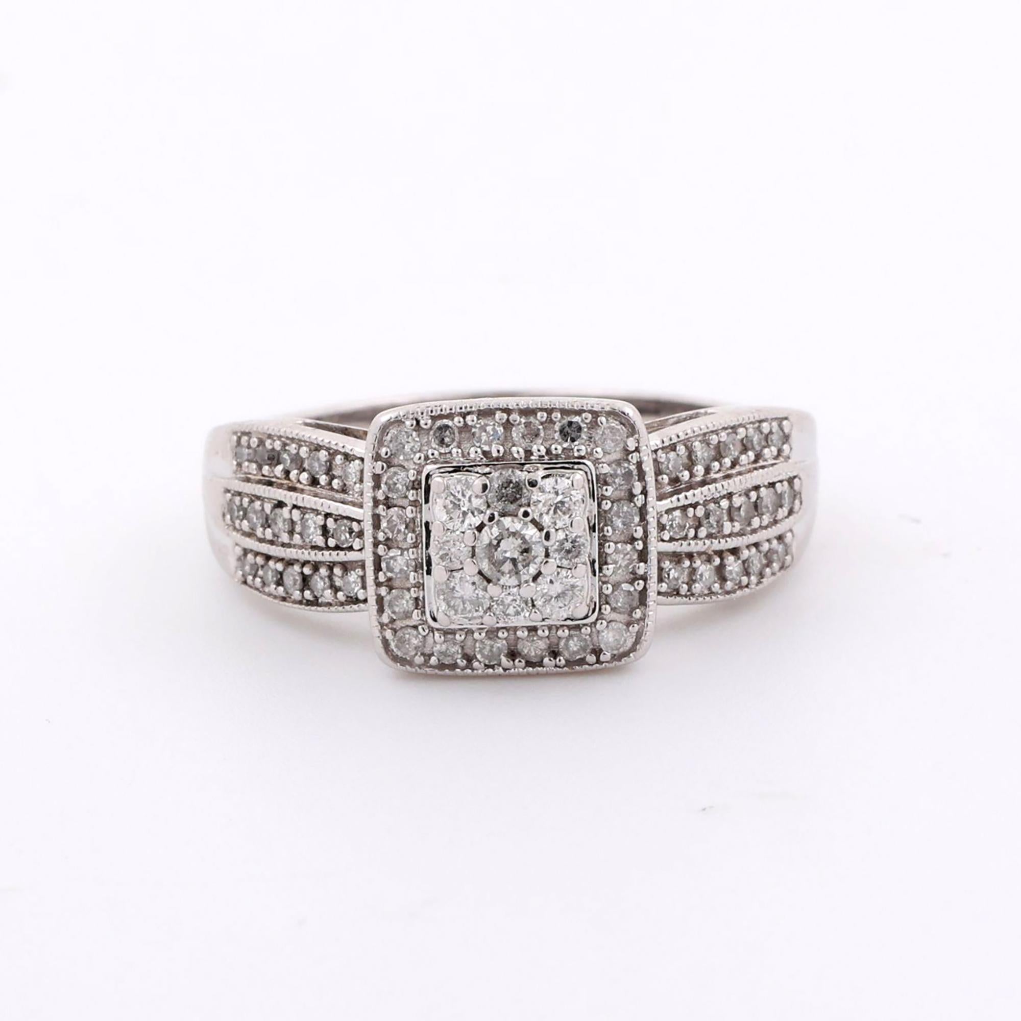 Square Cluster Diamond Halo Ring 10K White Gold 0.65 TW Round Diamonds Size 8