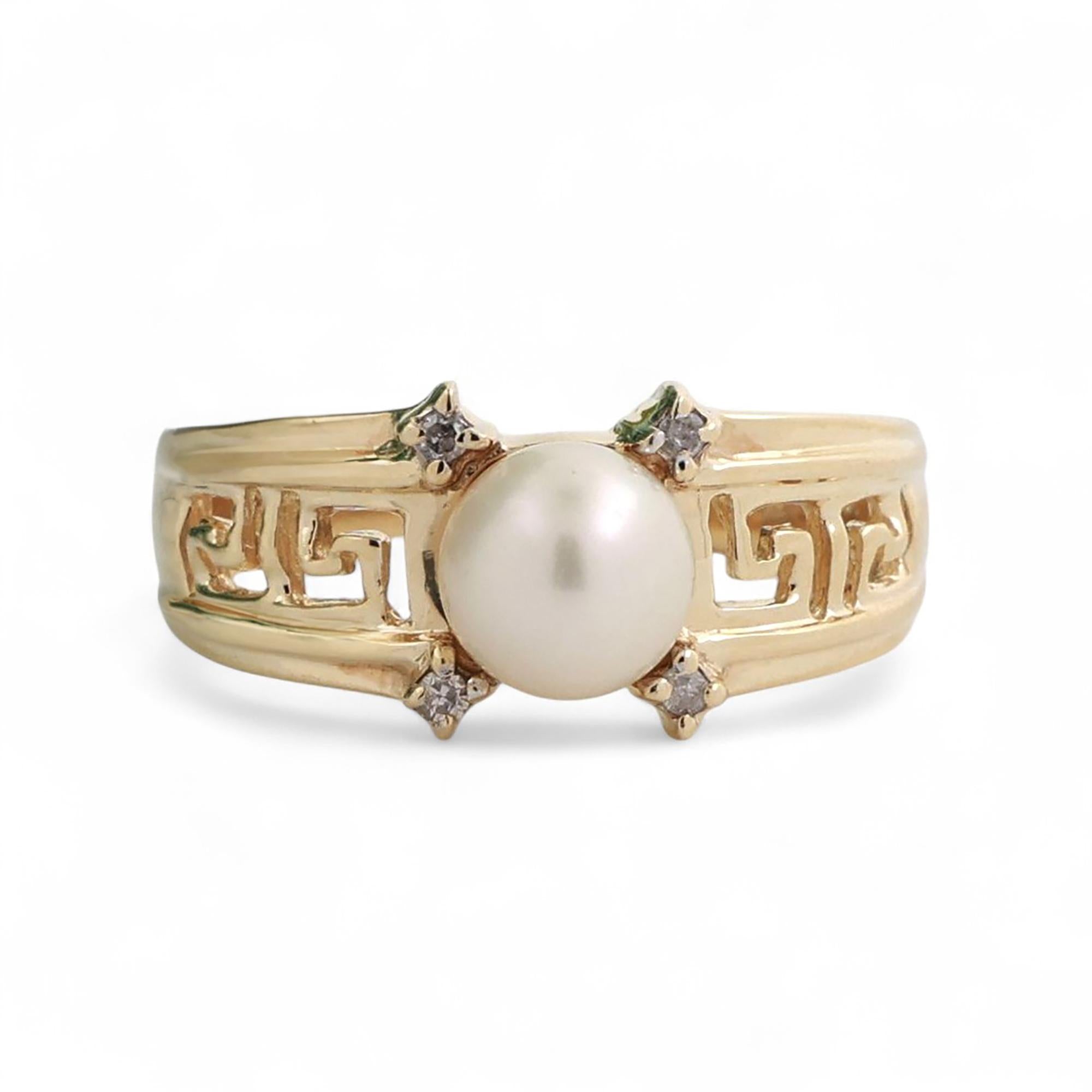 Akoya Pearl Diamond Greek Key Ring 10K Yellow Gold Size 7 Ladies Estate