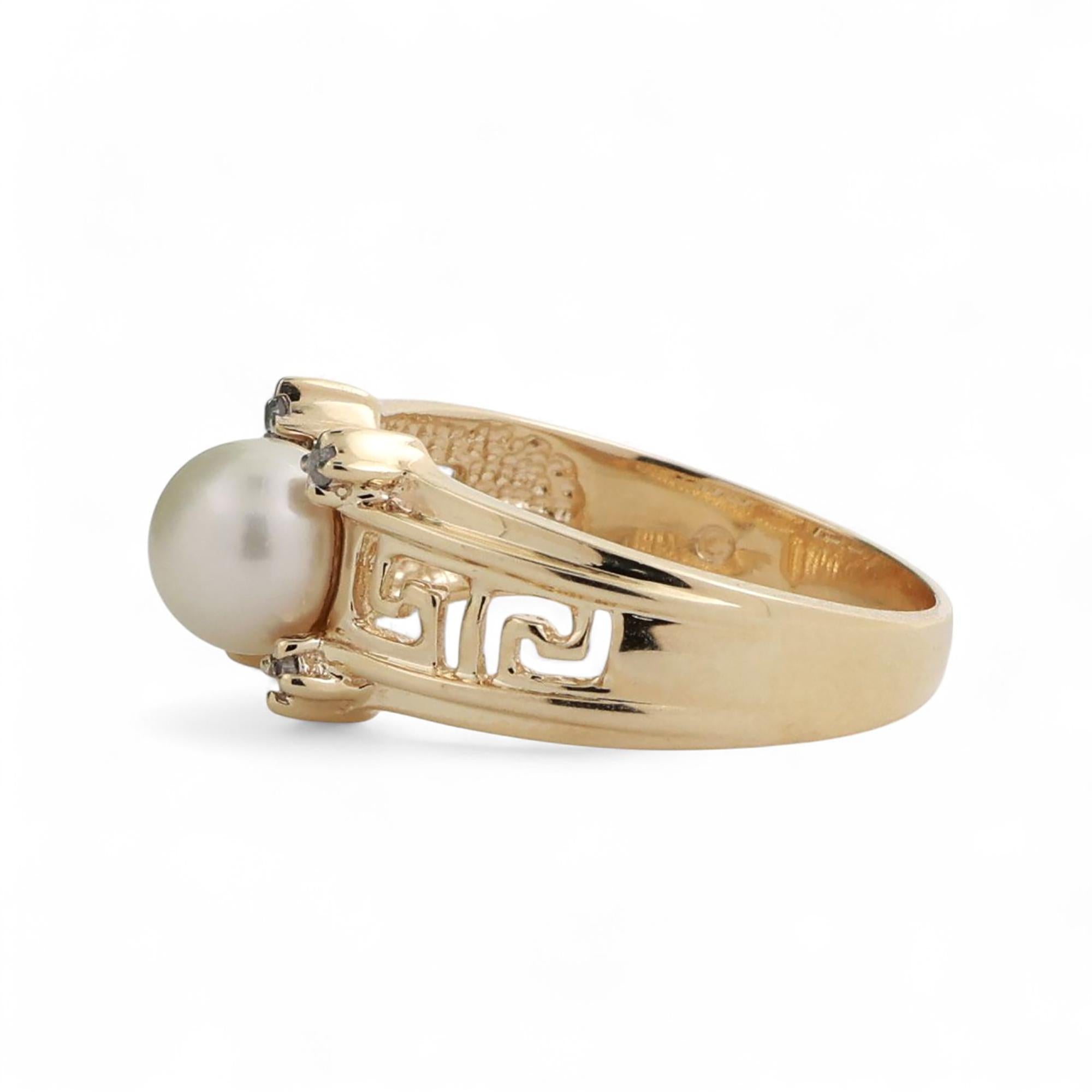 Akoya Pearl Diamond Greek Key Ring 10K Yellow Gold Size 7 Ladies Estate