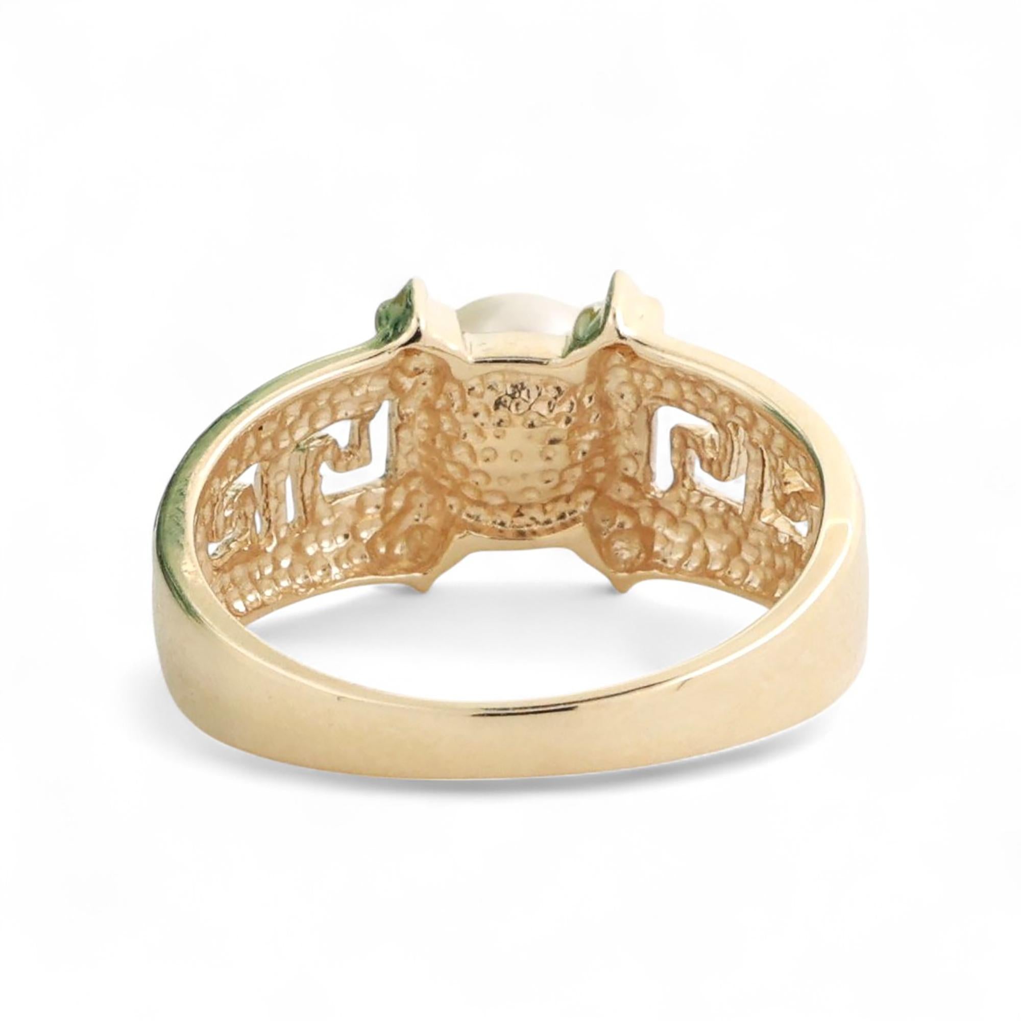 Akoya Pearl Diamond Greek Key Ring 10K Yellow Gold Size 7 Ladies Estate