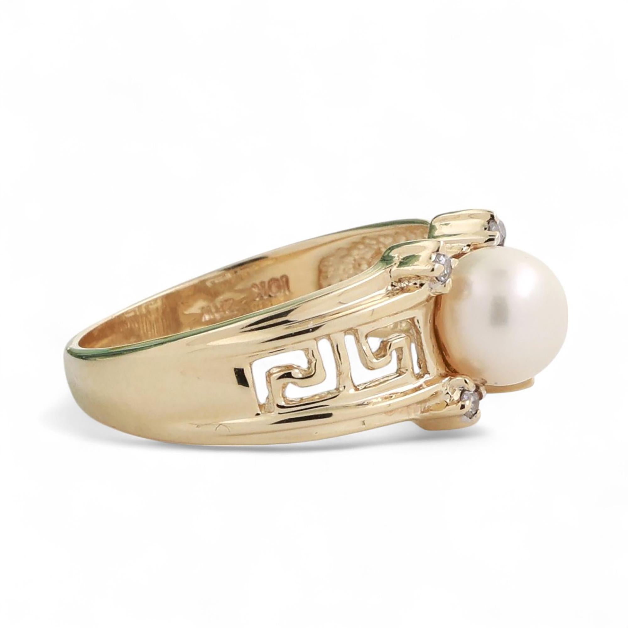 Akoya Pearl Diamond Greek Key Ring 10K Yellow Gold Size 7 Ladies Estate