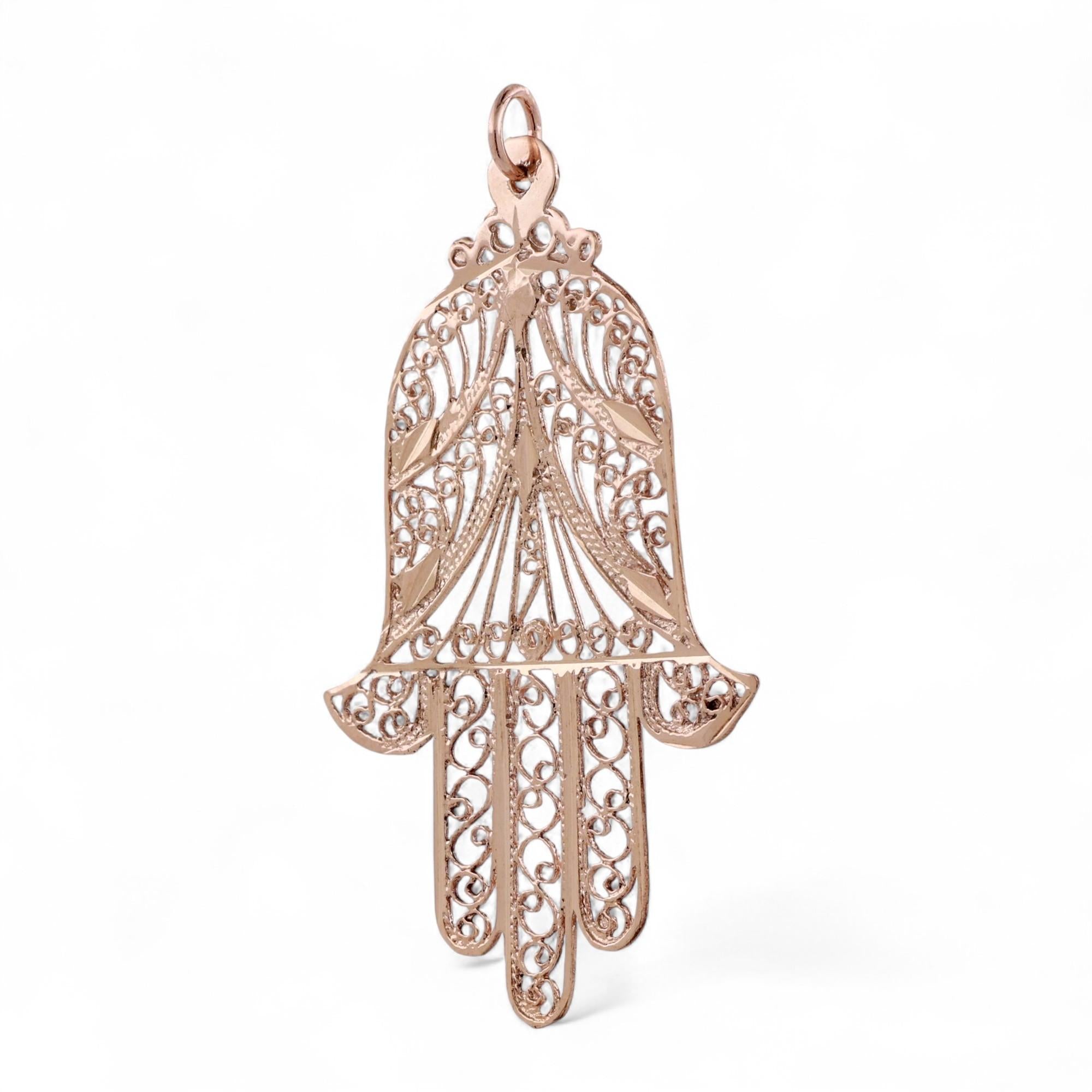 Religious Filigree Hamsa Hand Pendant Charm 14K Yellow Gold 2.05" Unisex Estate