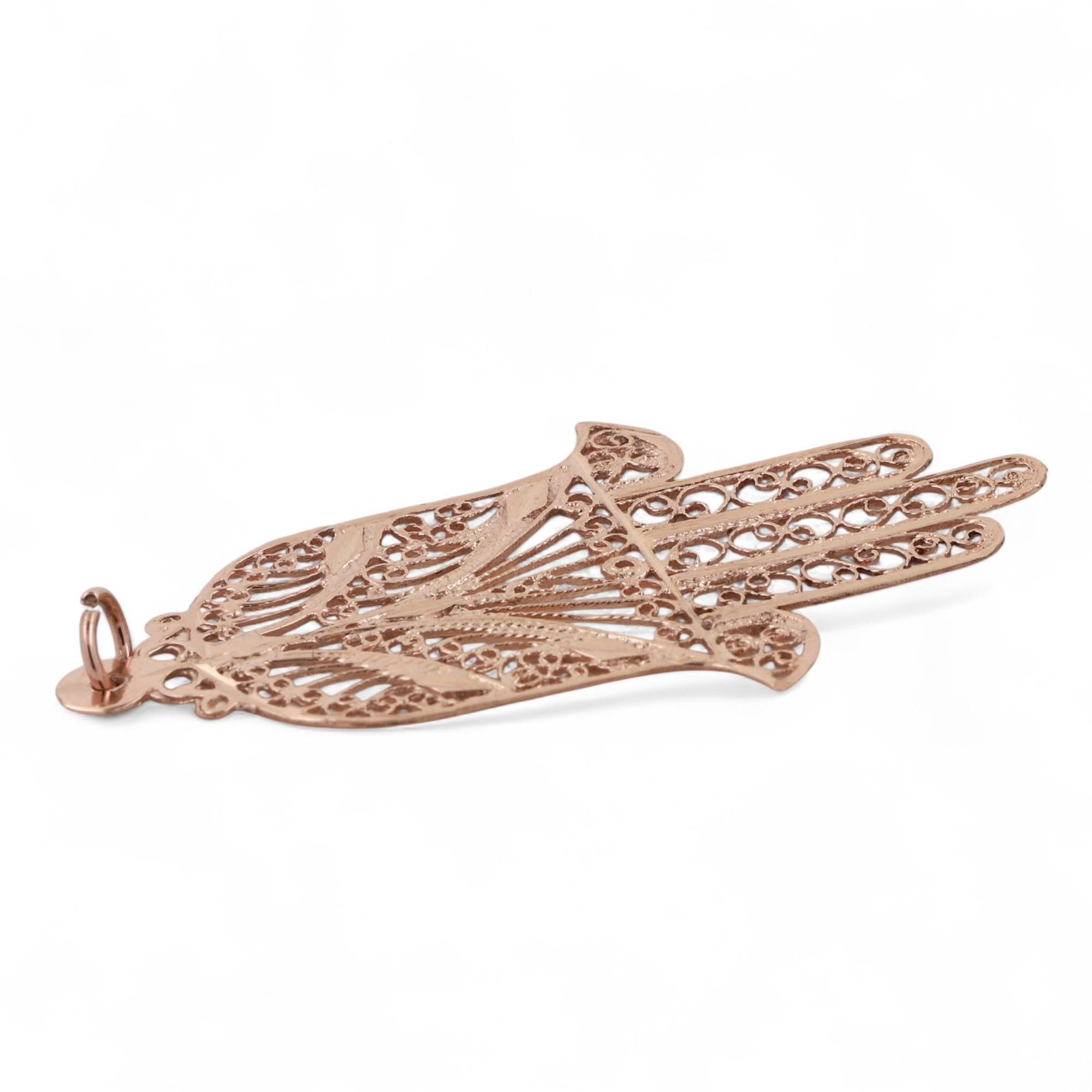 Religious Filigree Hamsa Hand Pendant Charm 14K Yellow Gold 2.05" Unisex Estate