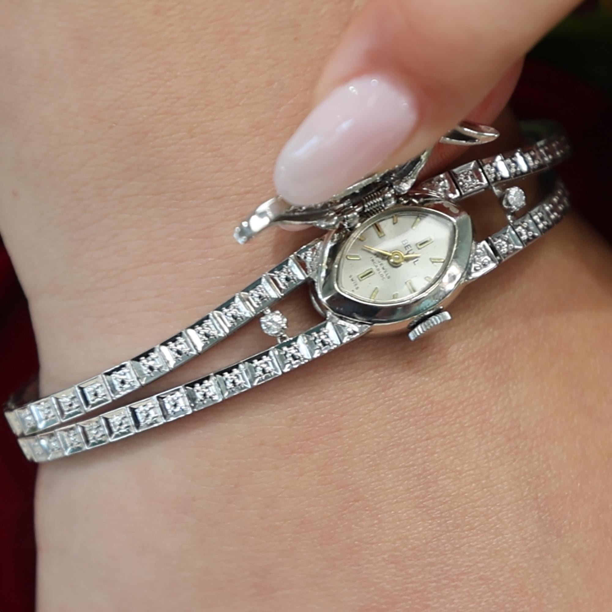 1970s Belvil Diamond Ladies Watch Flip Top Case 14K White Gold 0.70 TW 7.25"