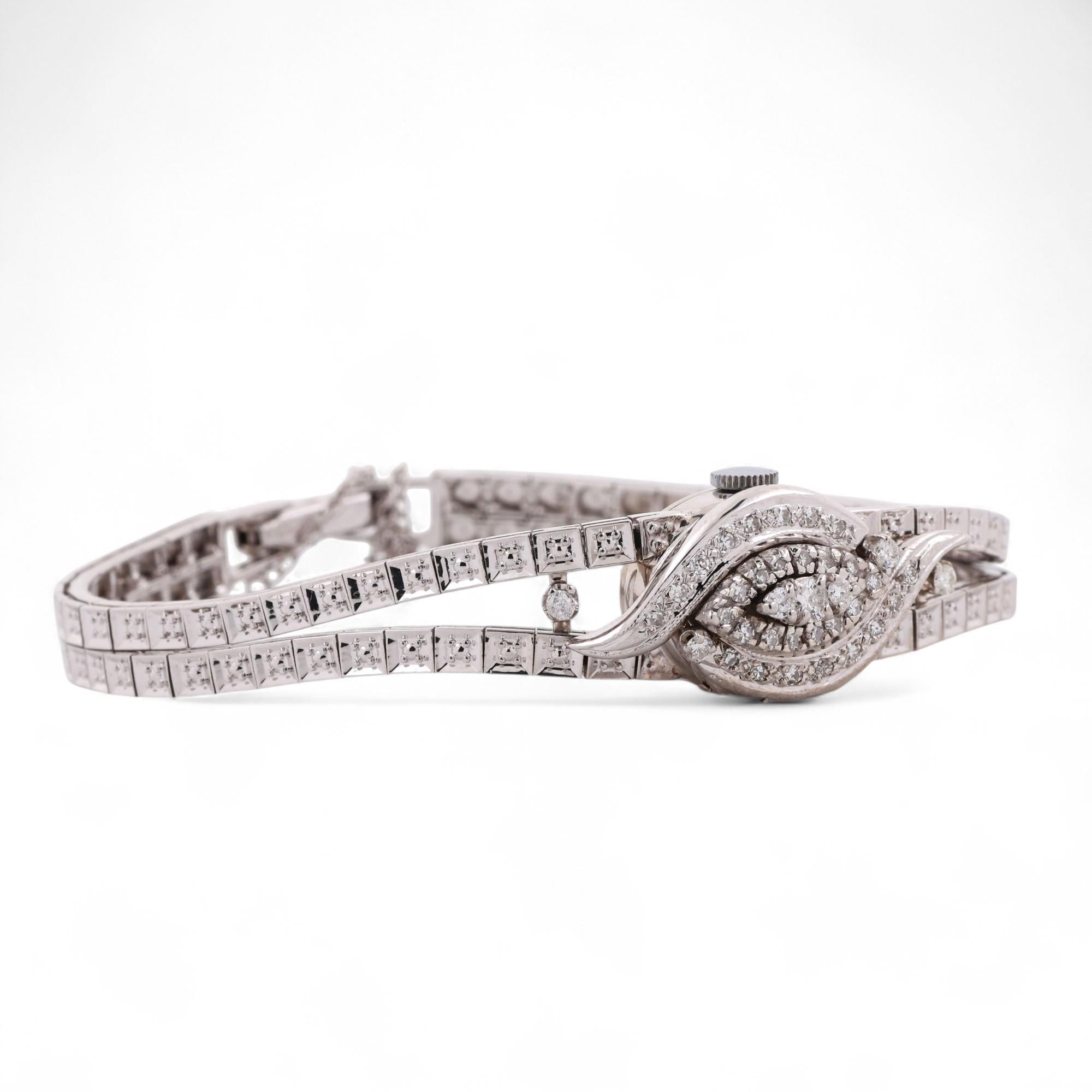 1970s Belvil Diamond Ladies Watch Flip Top Case 14K White Gold 0.70 TW 7.25"