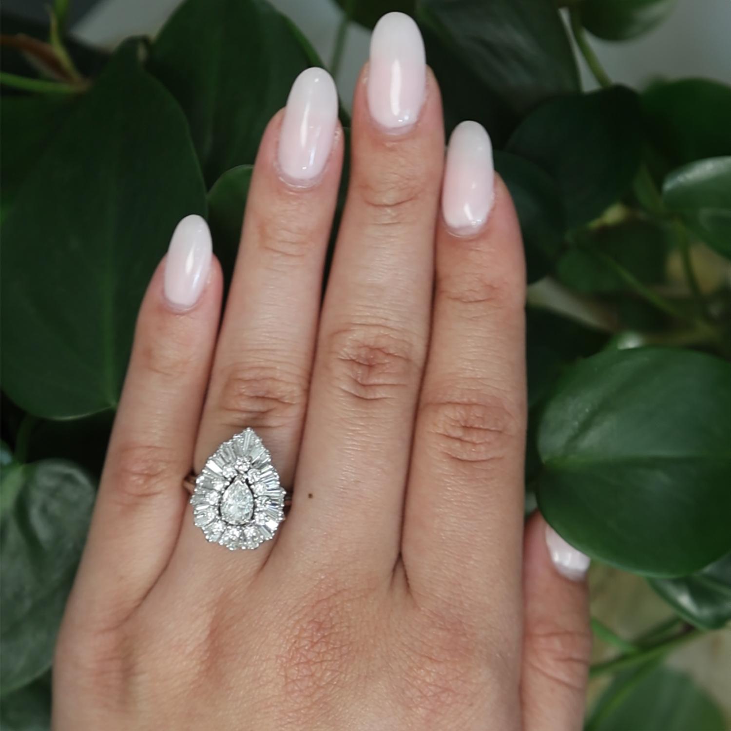 Cluster Diamond Pear Teardrop Halo Ring 14K White Gold 2.50 TW Size 6.25
