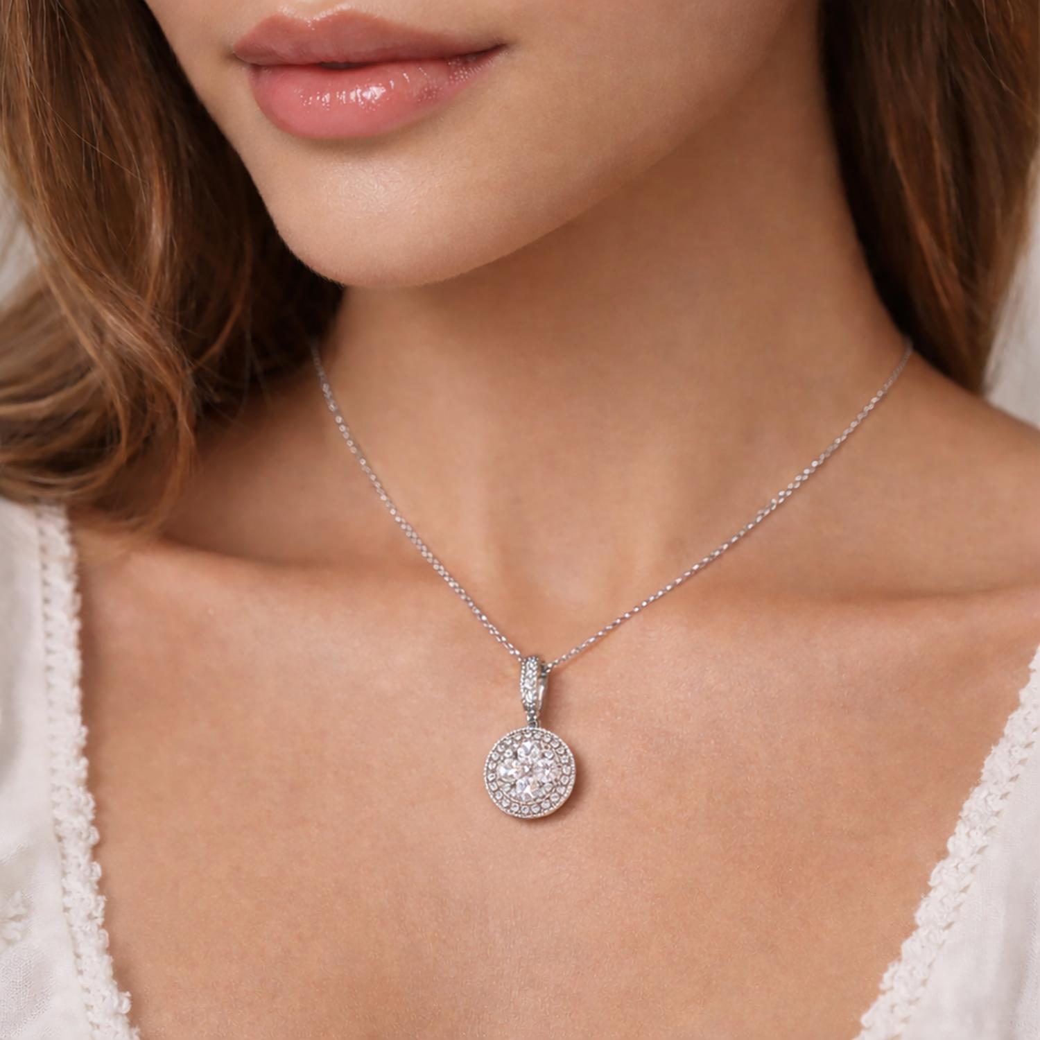 Vintage White Gold 2.00CTW Natural Diamond Cluster Halo Pendant Chain Necklace