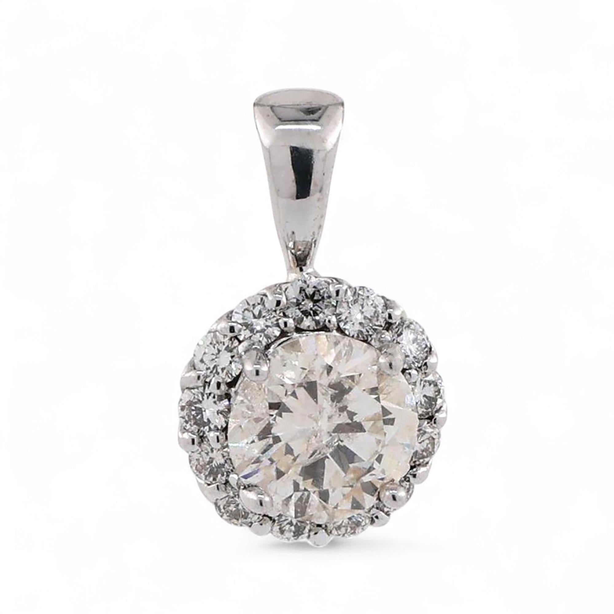 Solitaire Round Halo Diamond Pendant 1.85 TW 14K White Gold 0.70" Ladies Estate