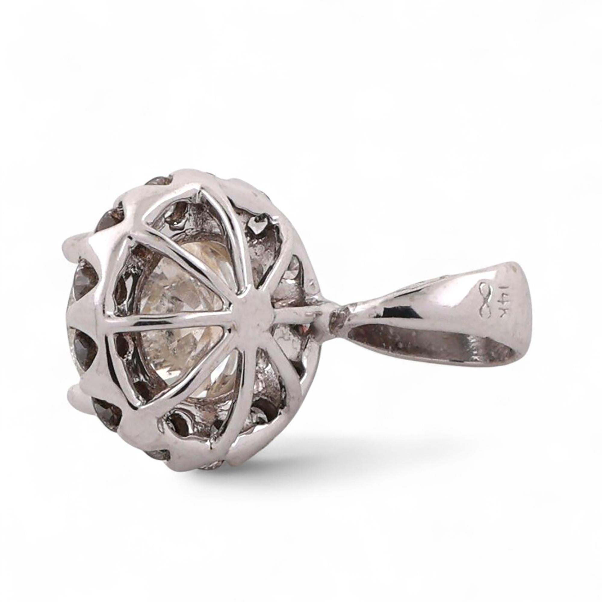Solitaire Round Halo Diamond Pendant 1.85 TW 14K White Gold 0.70" Ladies Estate