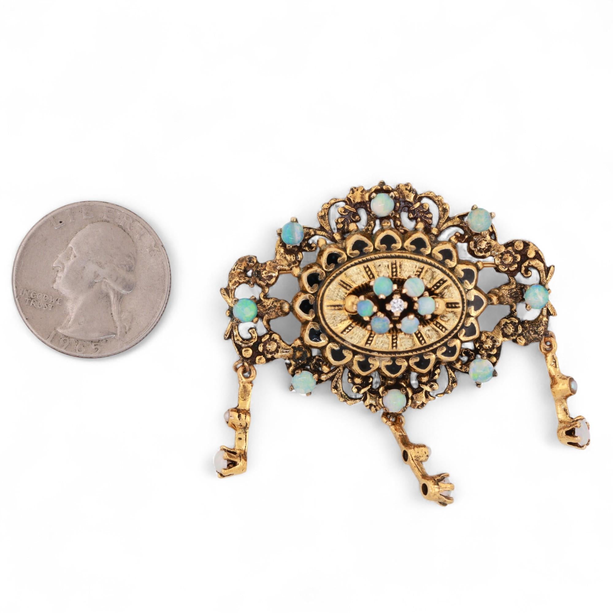 Vintage Opal Diamond Pearl Enamel Brooch Pin Pendant 14K Gold 2" Estate