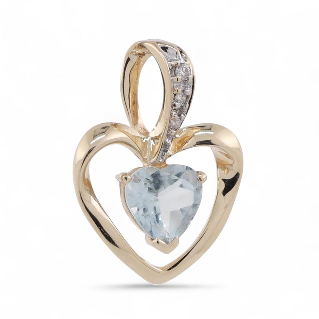 Heart Aquamarine Diamond Pendant Charm 14K Gold 1.06 CTW 0.80" Estate