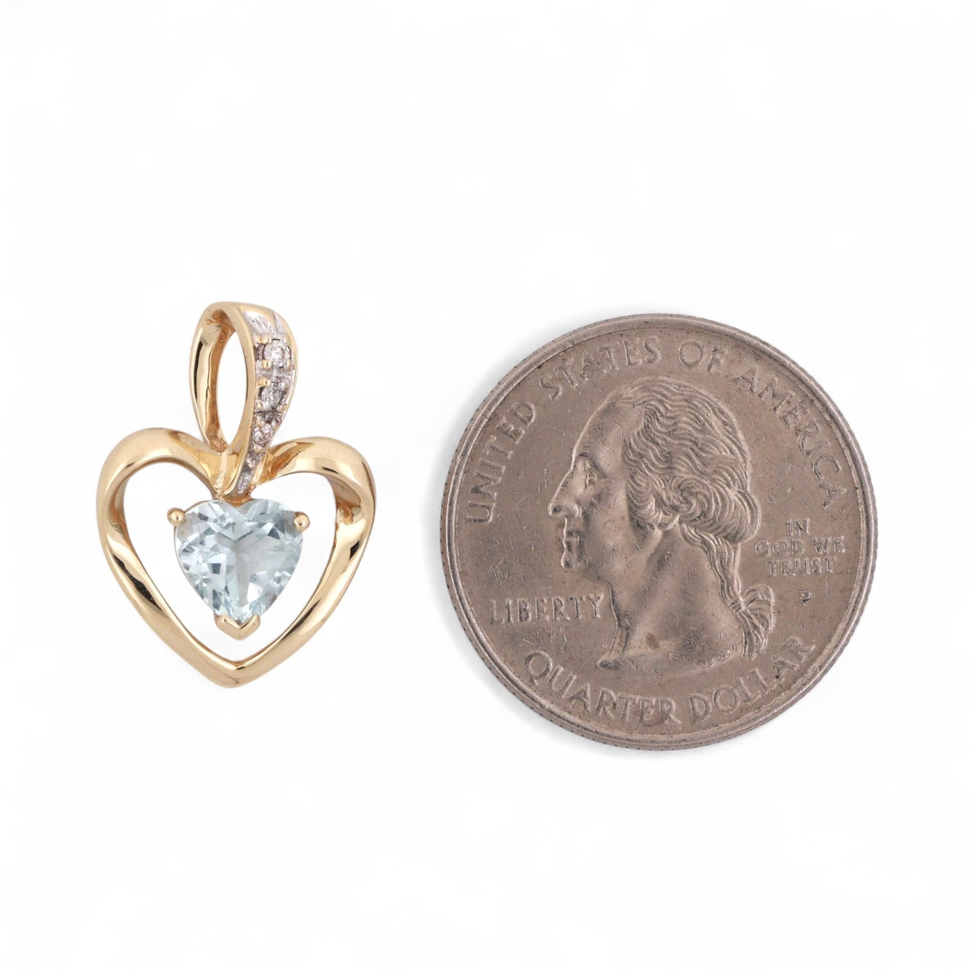 Heart Aquamarine Diamond Pendant Charm 14K Gold 1.06 CTW 0.80" Estate