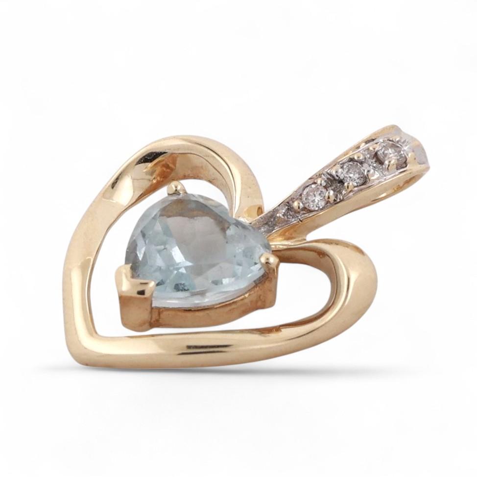 Heart Aquamarine Diamond Pendant Charm 14K Gold 1.06 CTW 0.80" Estate
