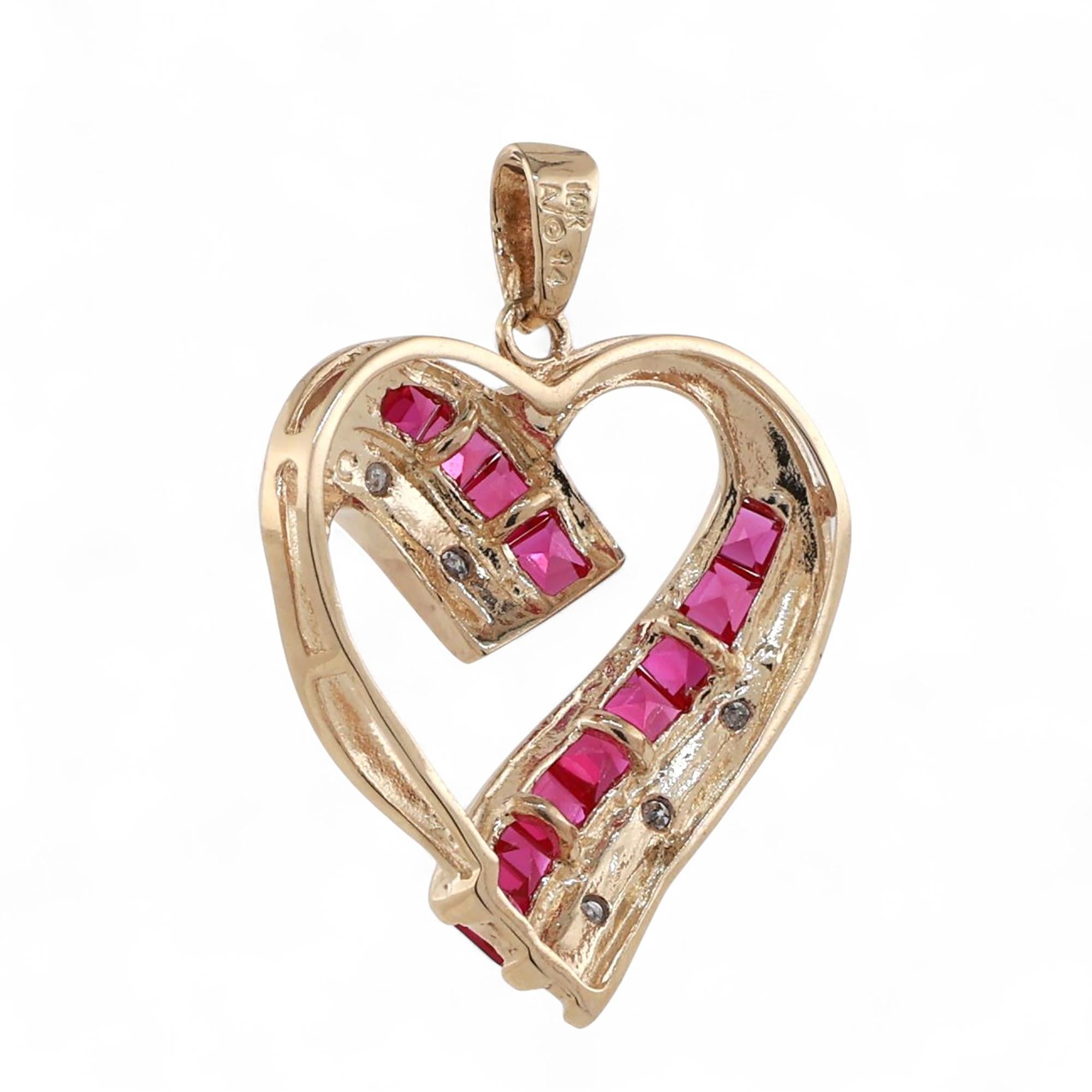 Ruby Diamond Open Heart Pendant 10K Gold 0.71 CTW Lab Grown Rubies 1.10"