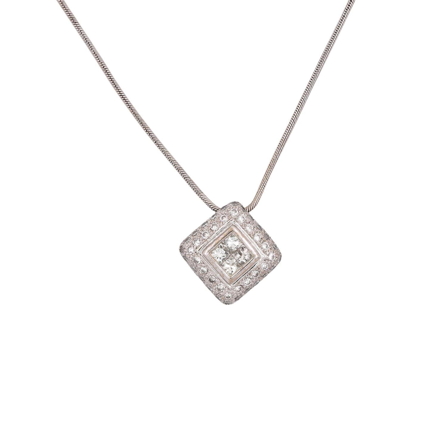 1.00 TW Halo Diamond Square Pendant Chain Necklace 14K 18K White Gold 16.25"