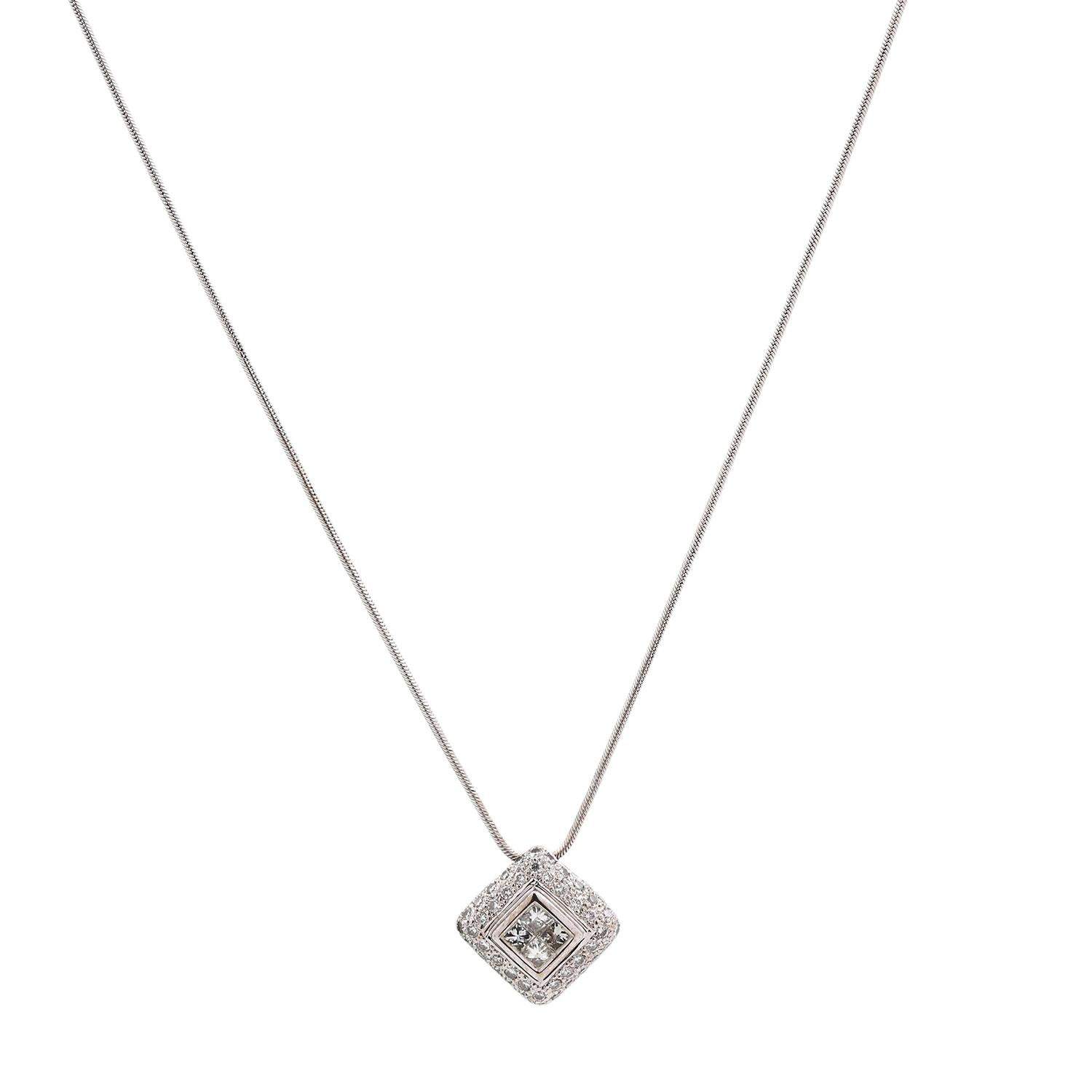 1.00 TW Halo Diamond Square Pendant Chain Necklace 14K 18K White Gold 16.25"