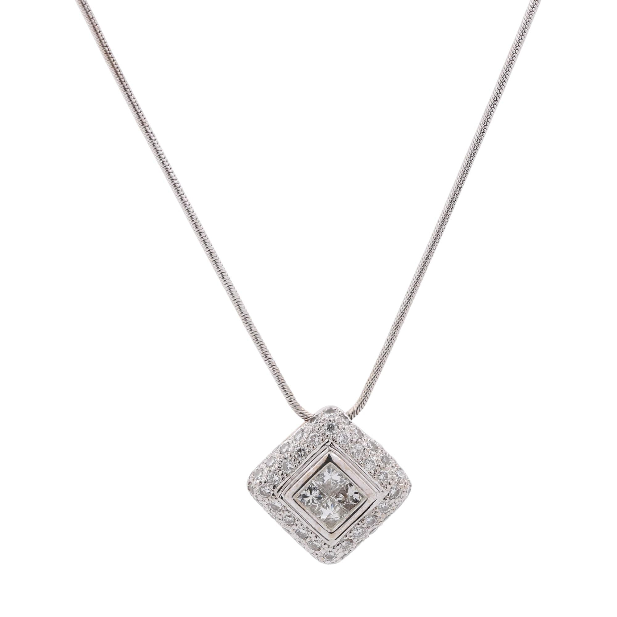 1.00 TW Halo Diamond Square Pendant Chain Necklace 14K 18K White Gold 16.25"