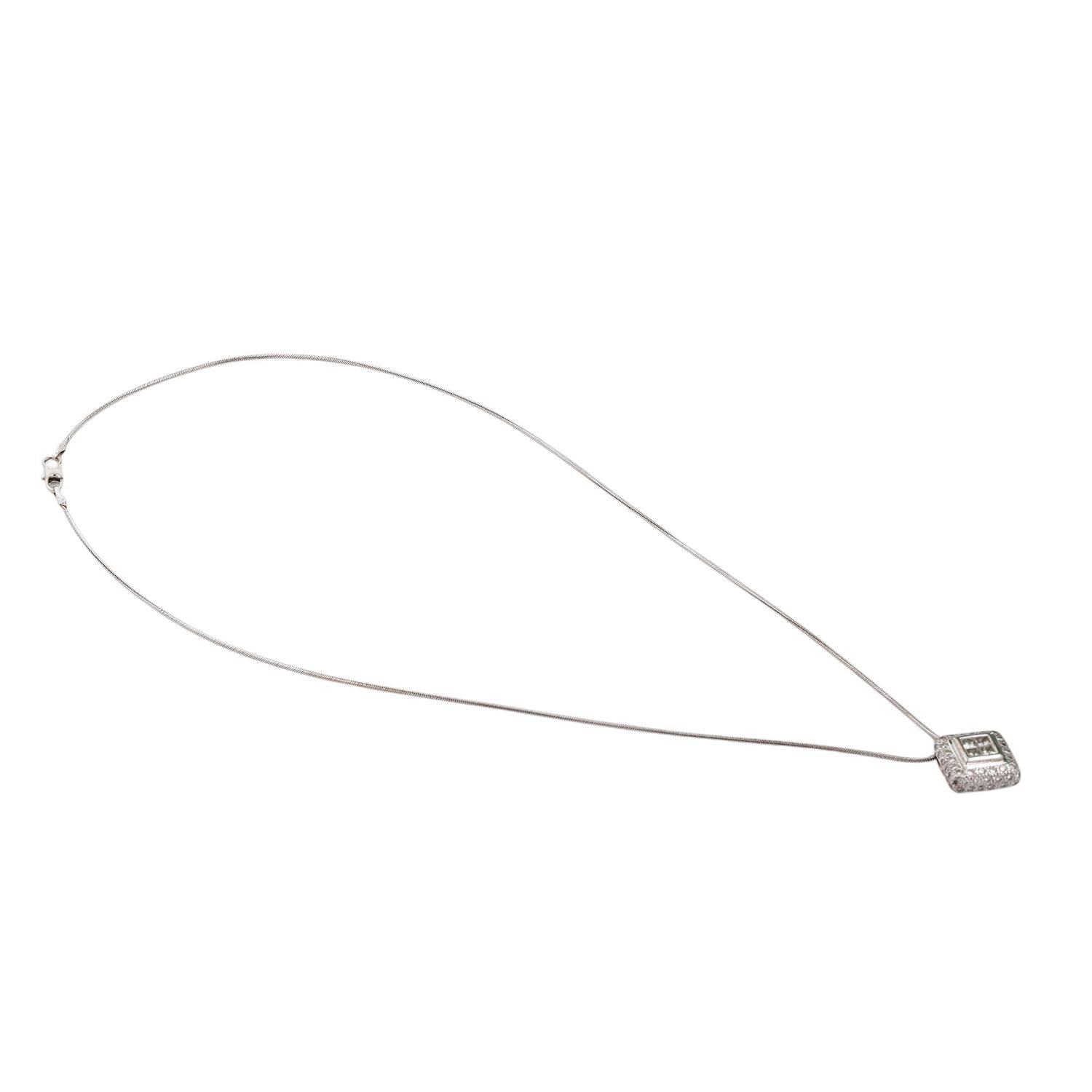 1.00 TW Halo Diamond Square Pendant Chain Necklace 14K 18K White Gold 16.25"