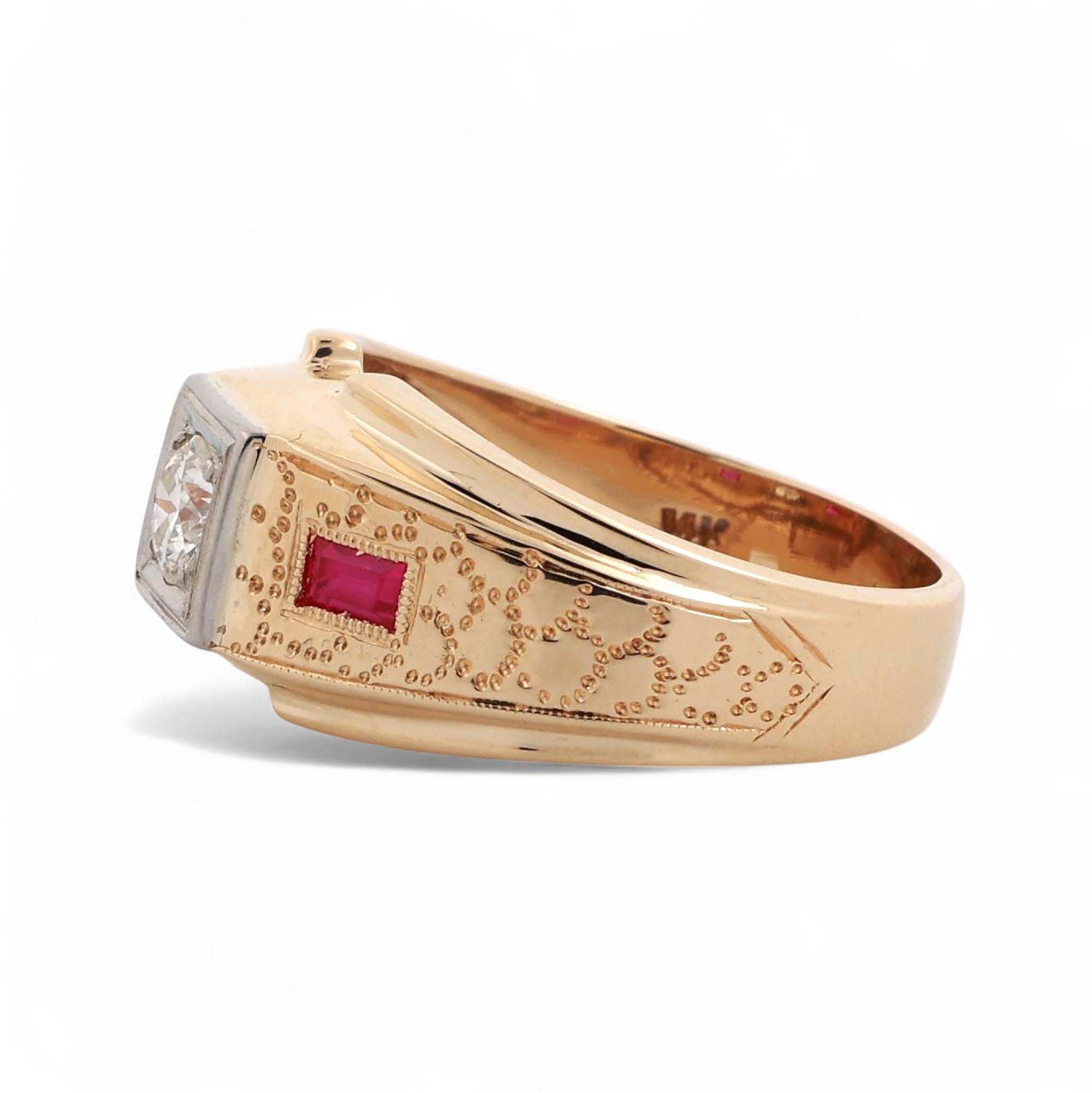Men's Diamond Ruby Signet Ring 14K Gold Lab Grown Rubies 0.57 CTW Size 8.75