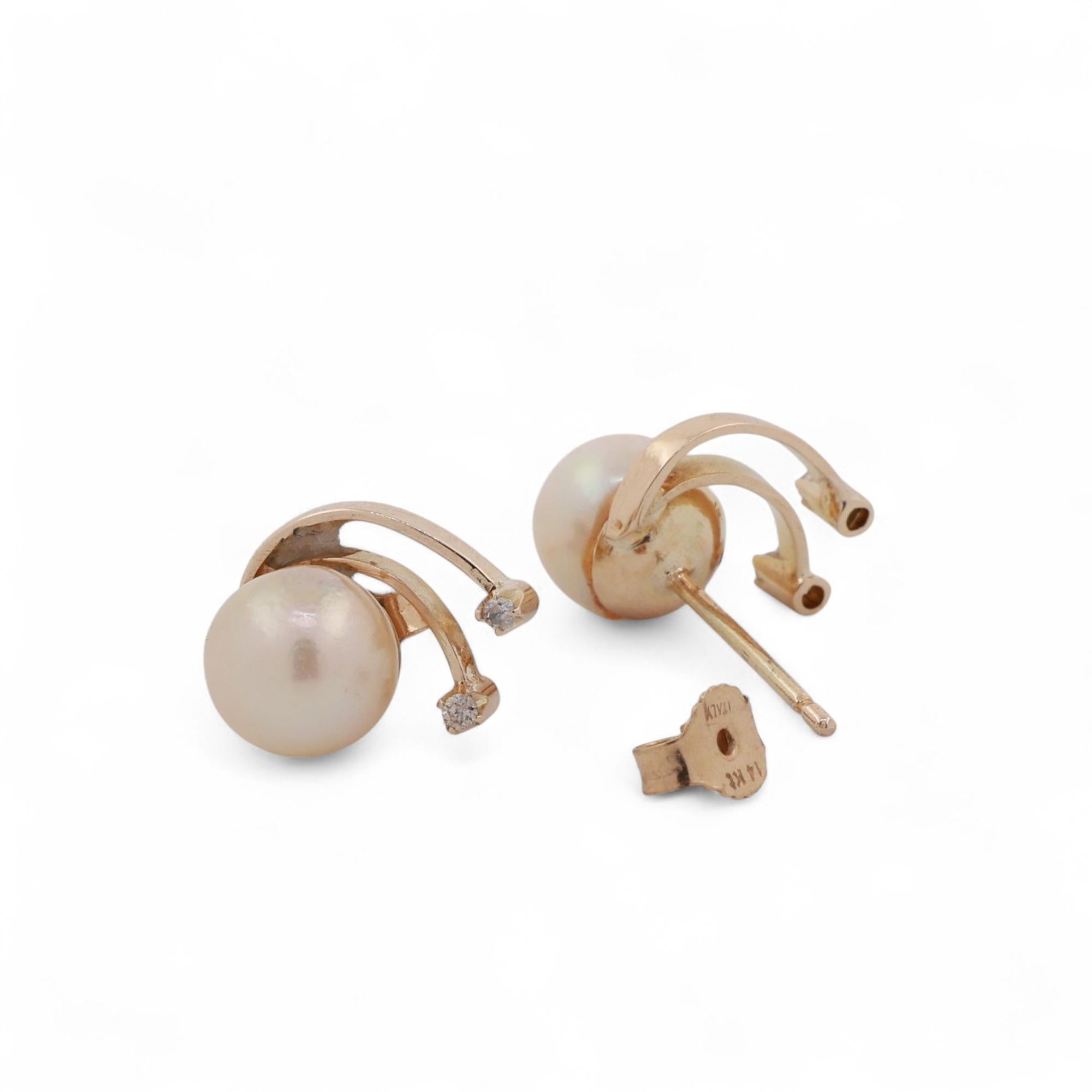 Akoya Pearl Diamond Swirl Stud Earrings 14K Yellow Gold 0.35" Ladies Estate
