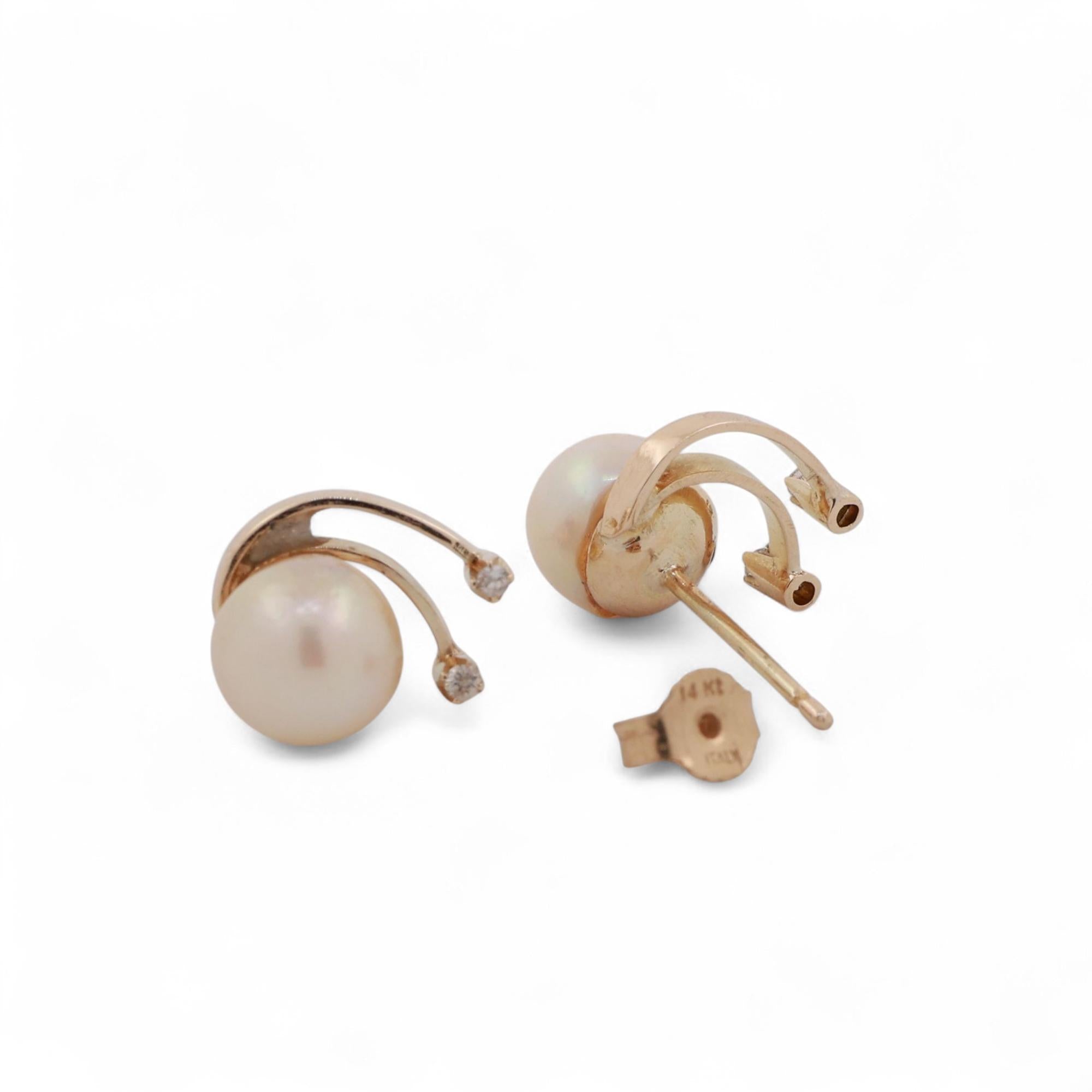 Akoya Pearl Diamond Swirl Stud Earrings 14K Yellow Gold 0.35" Ladies Estate