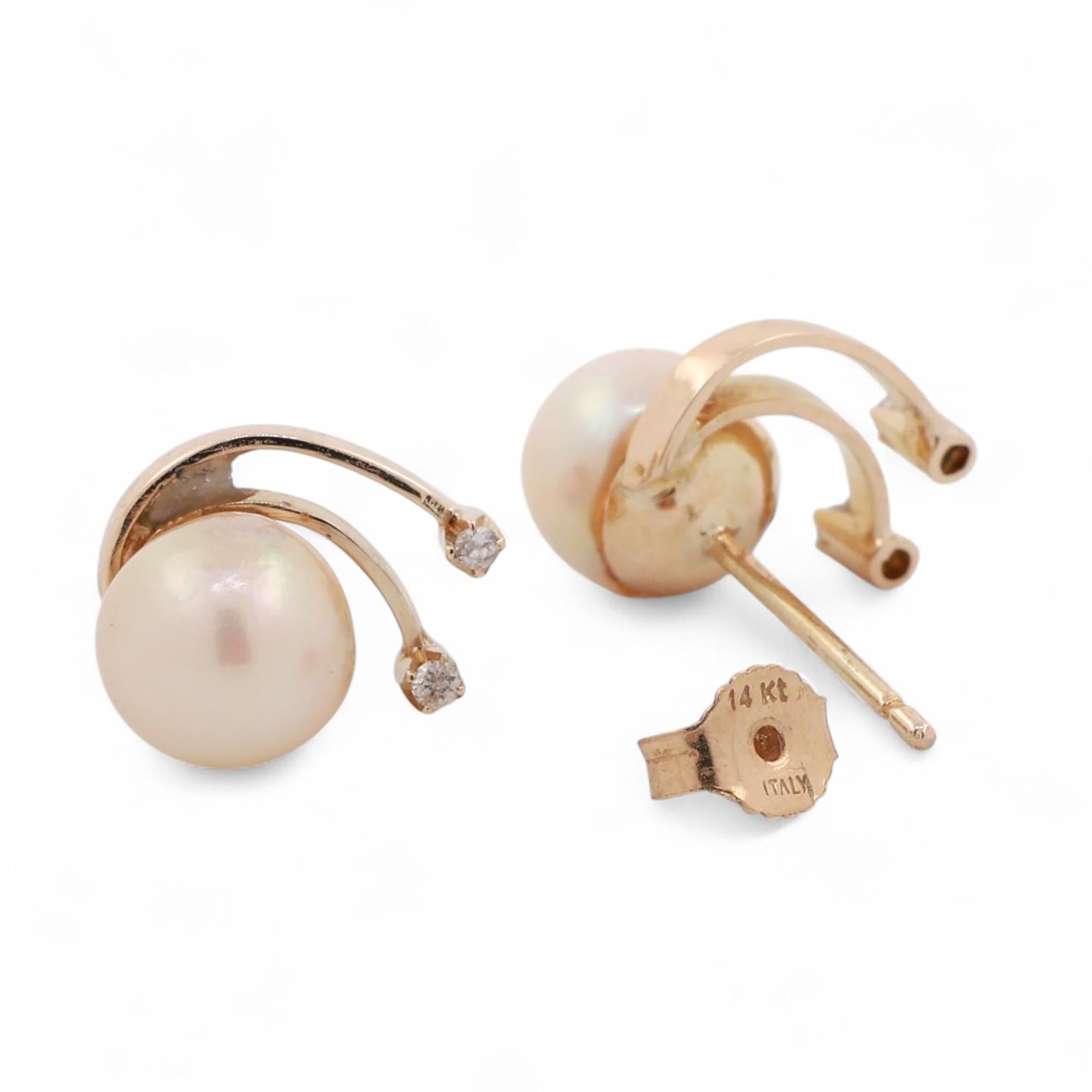 Akoya Pearl Diamond Swirl Stud Earrings 14K Yellow Gold 0.35" Ladies Estate