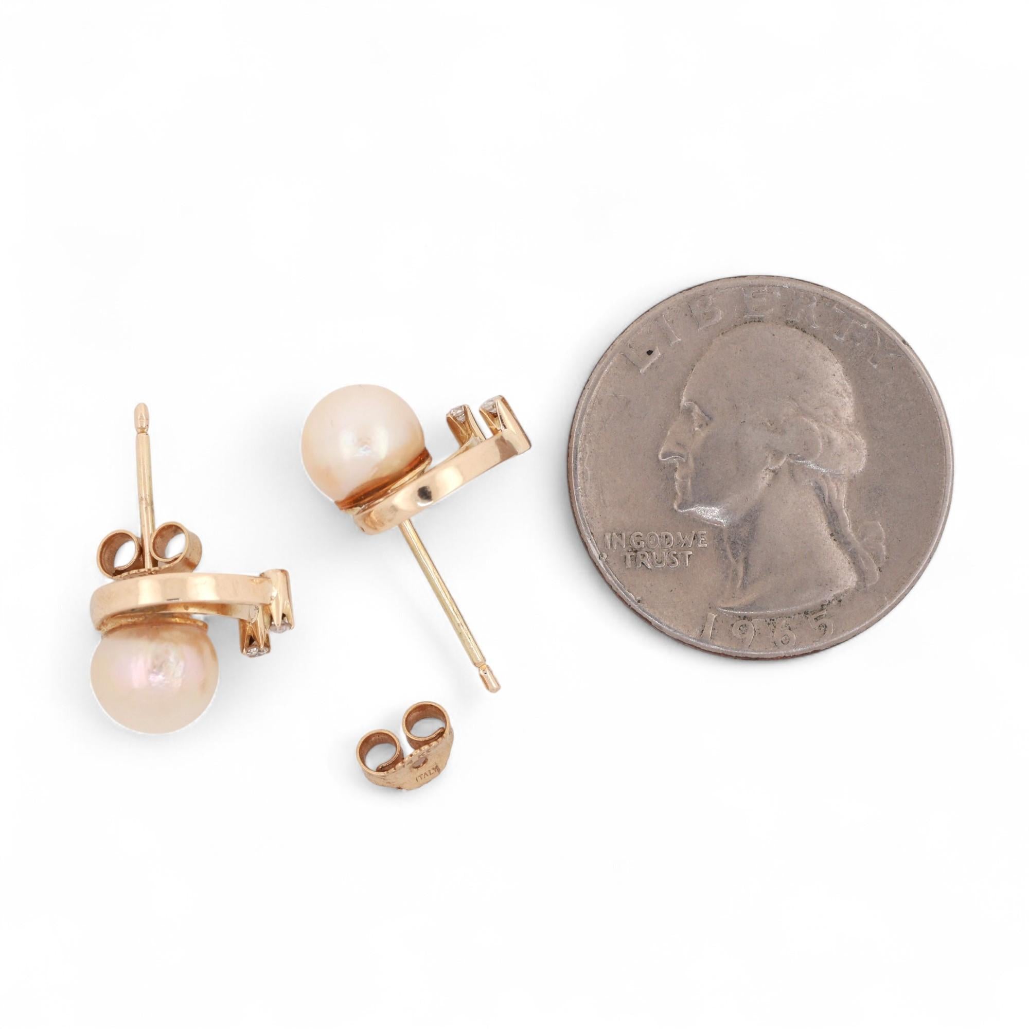 Akoya Pearl Diamond Swirl Stud Earrings 14K Yellow Gold 0.35" Ladies Estate