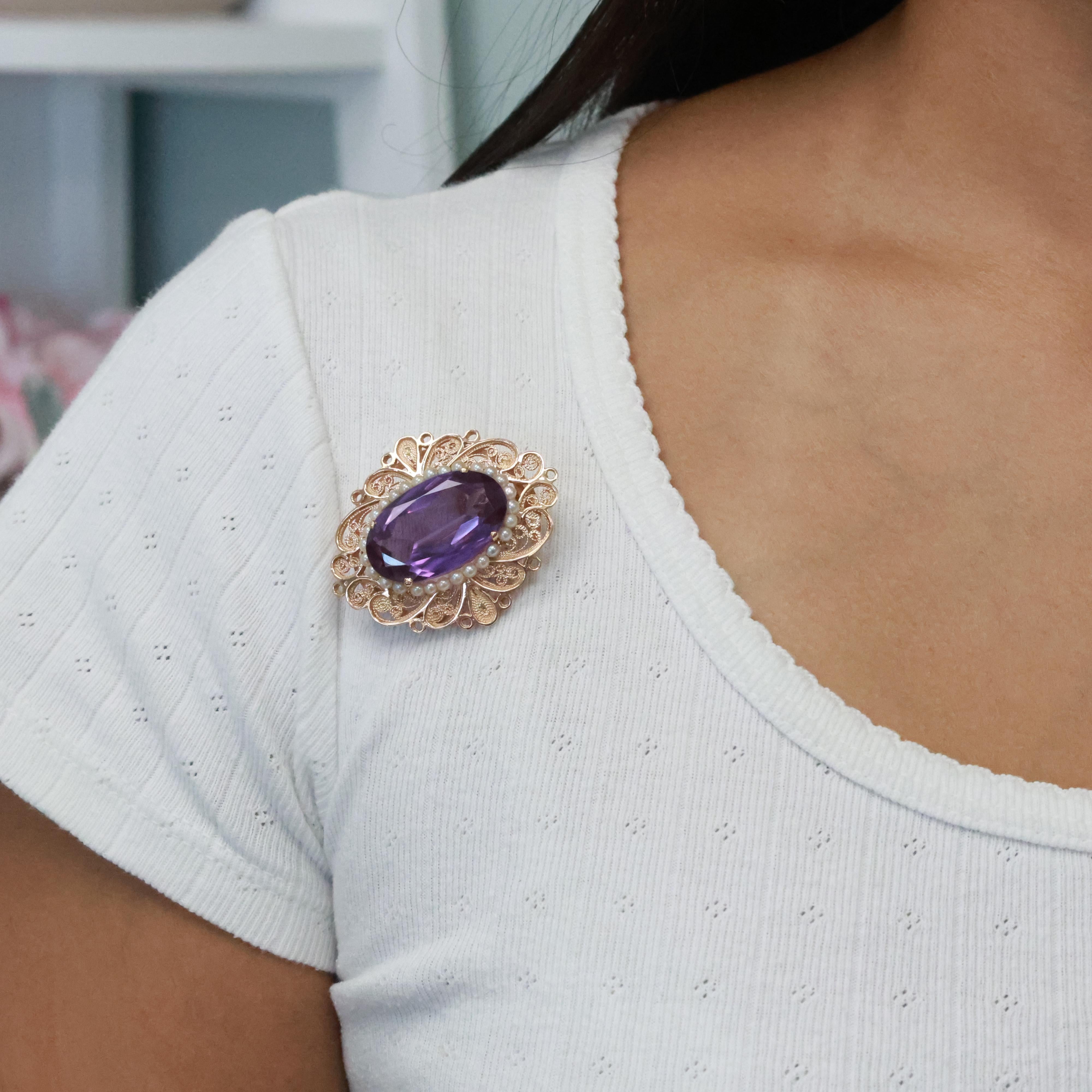 Vintage Alexandrite Pearl Gemstone Brooch Pin Pendant 14K Gold Lab Grown 1.95"